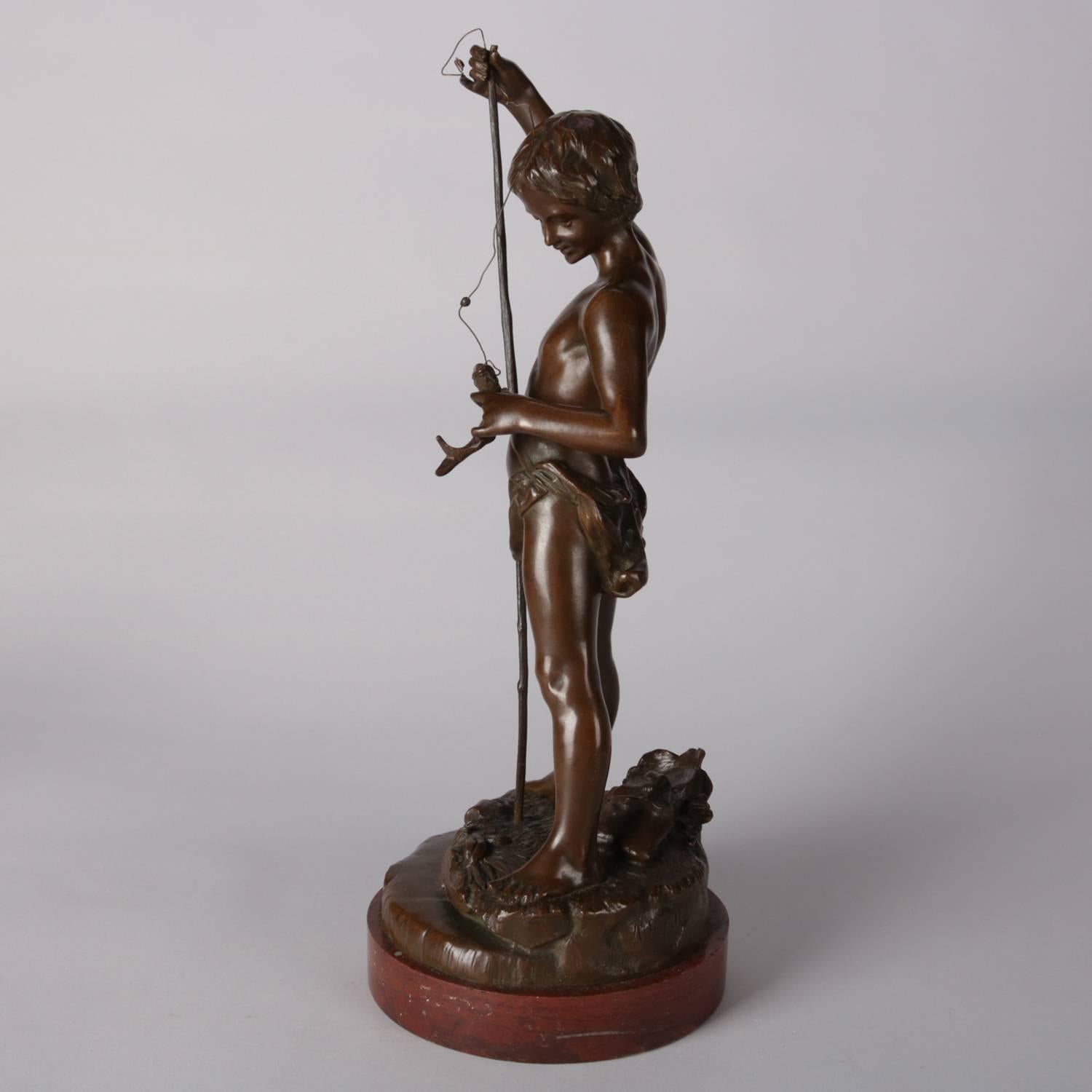 Antique Figural Bronze Sculpture of Boy Fishing Signed A. Rupell, 19th Century In Good Condition In Big Flats, NY
