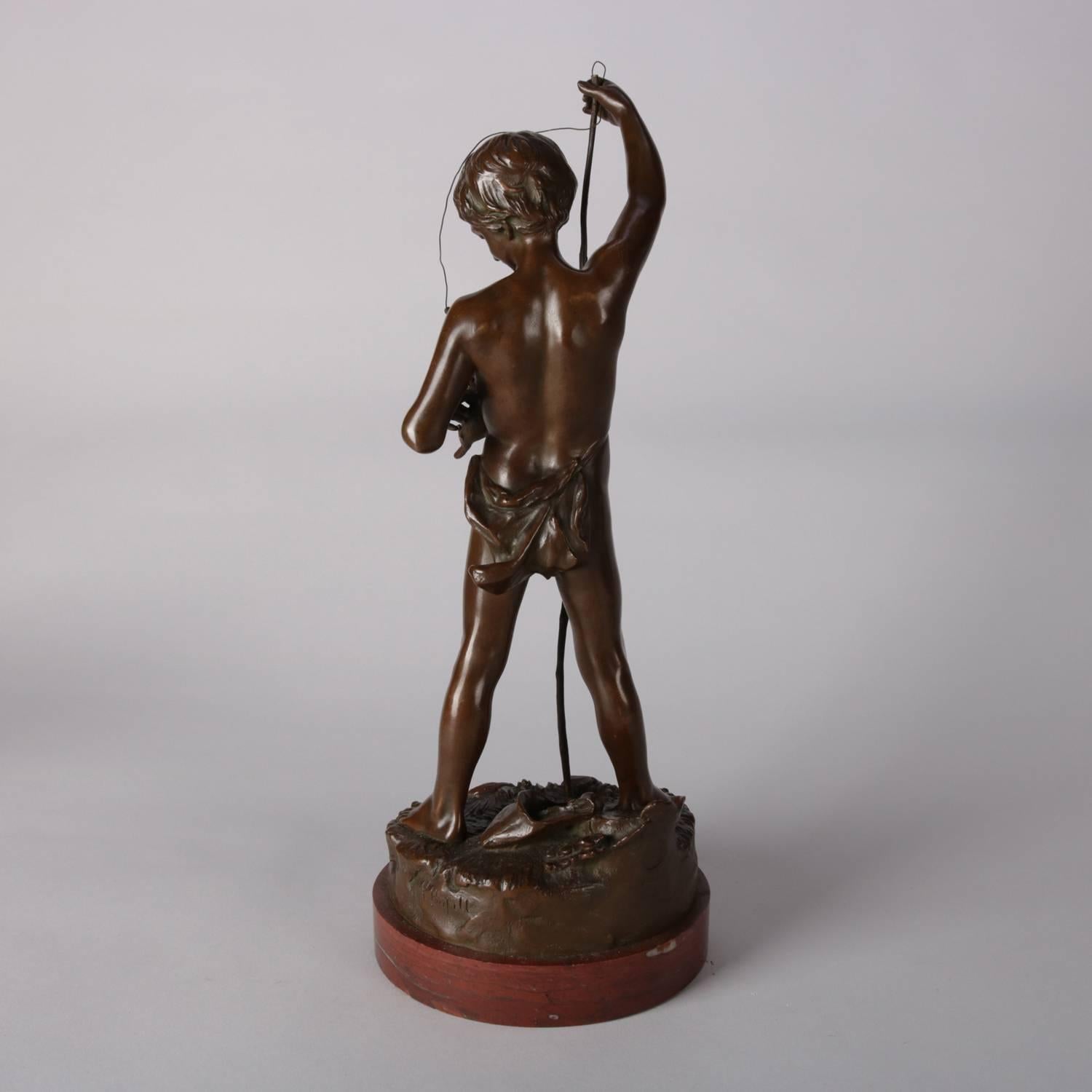 Marble Antique Figural Bronze Sculpture of Boy Fishing Signed A. Rupell, 19th Century