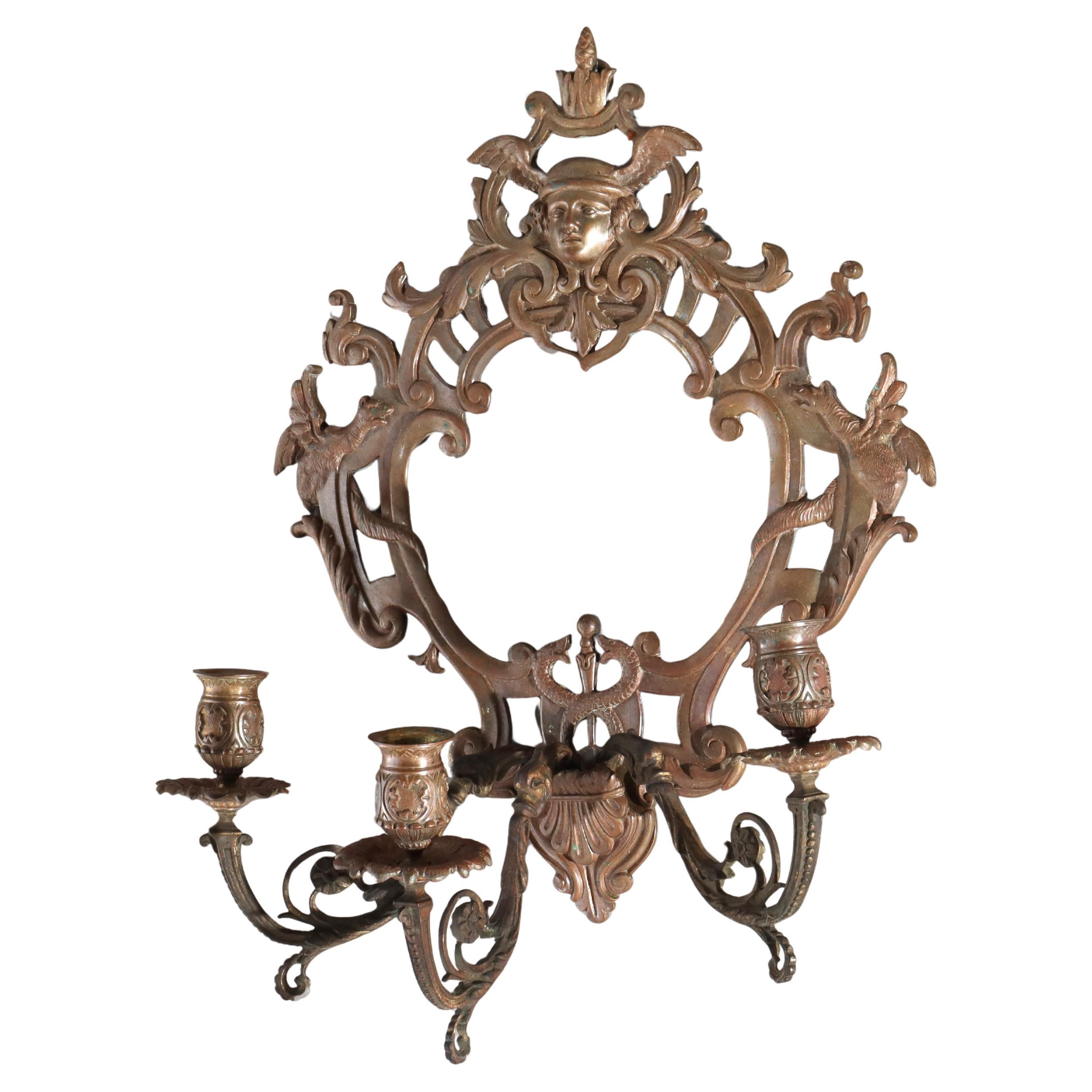 Antica applique a tre luci in bronzo figurato con il dio greco Mercurio C1880