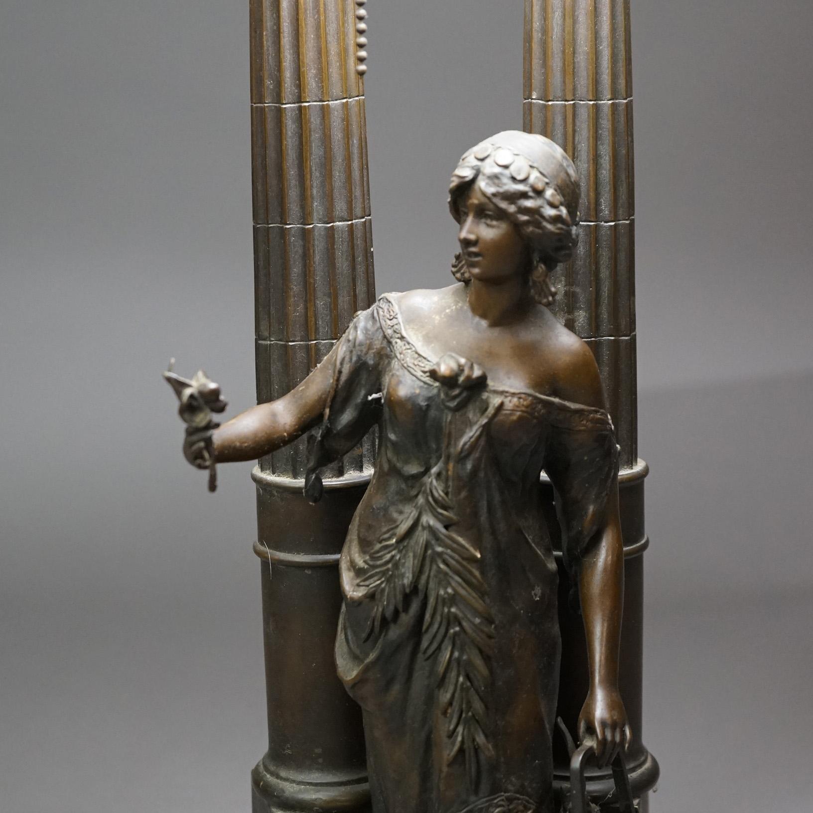 Greco Roman Antique Figural Bronzed Metal Classical Maiden Table Lamp on Marble Plinth c1910 For Sale