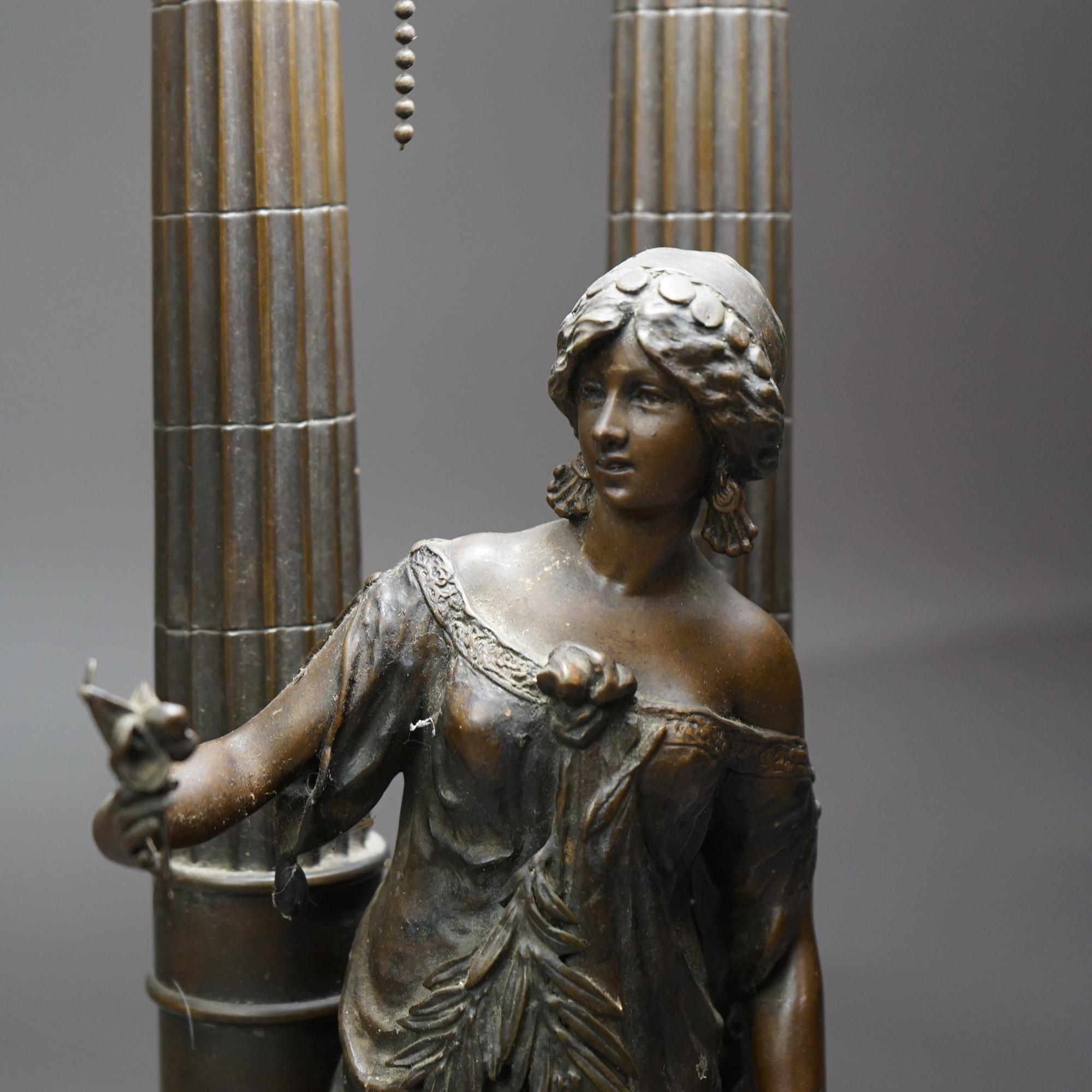 American Antique Figural Bronzed Metal Classical Maiden Table Lamp on Marble Plinth c1910 For Sale