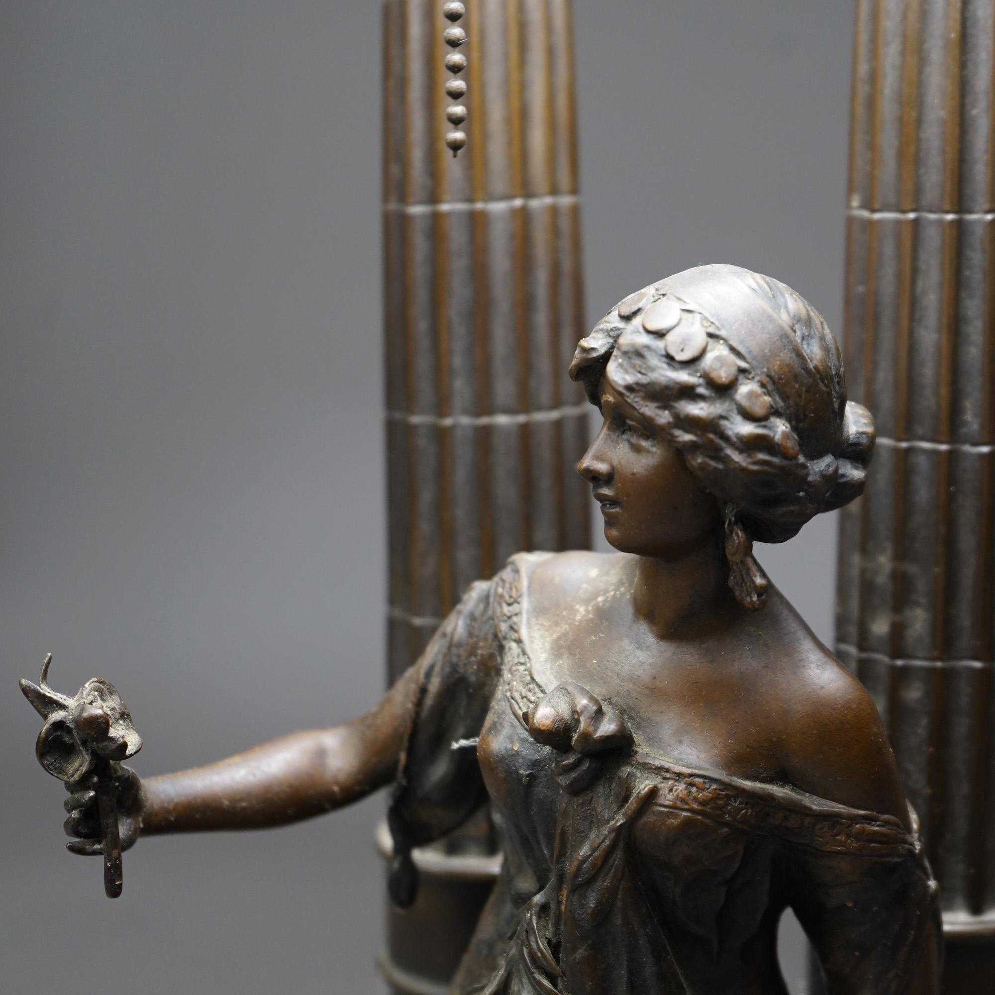 20th Century Antique Figural Bronzed Metal Classical Maiden Table Lamp on Marble Plinth c1910