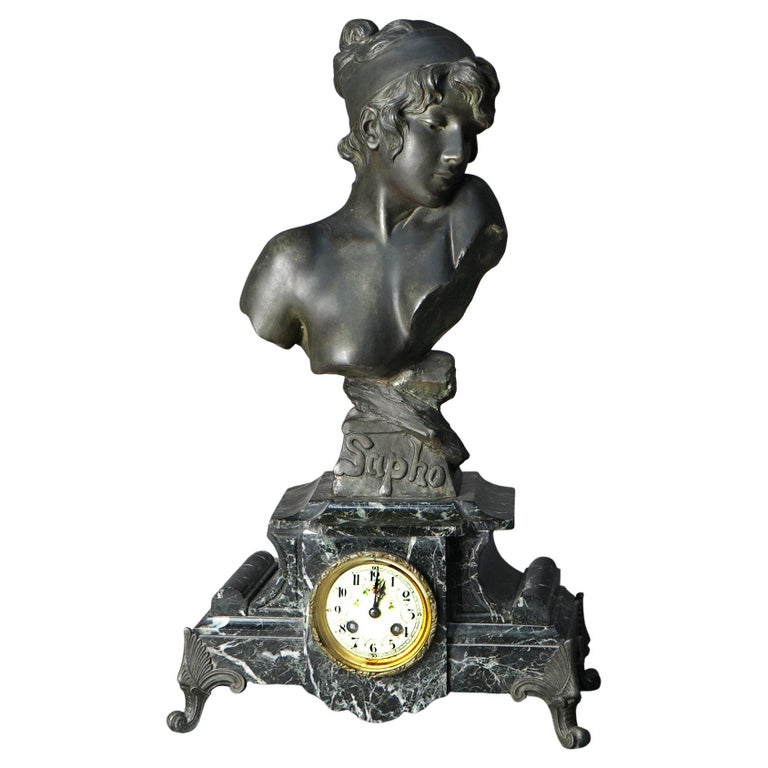 Antique Figural Bronzed Metal and Marble Mantel Clock, Sapho by Villano