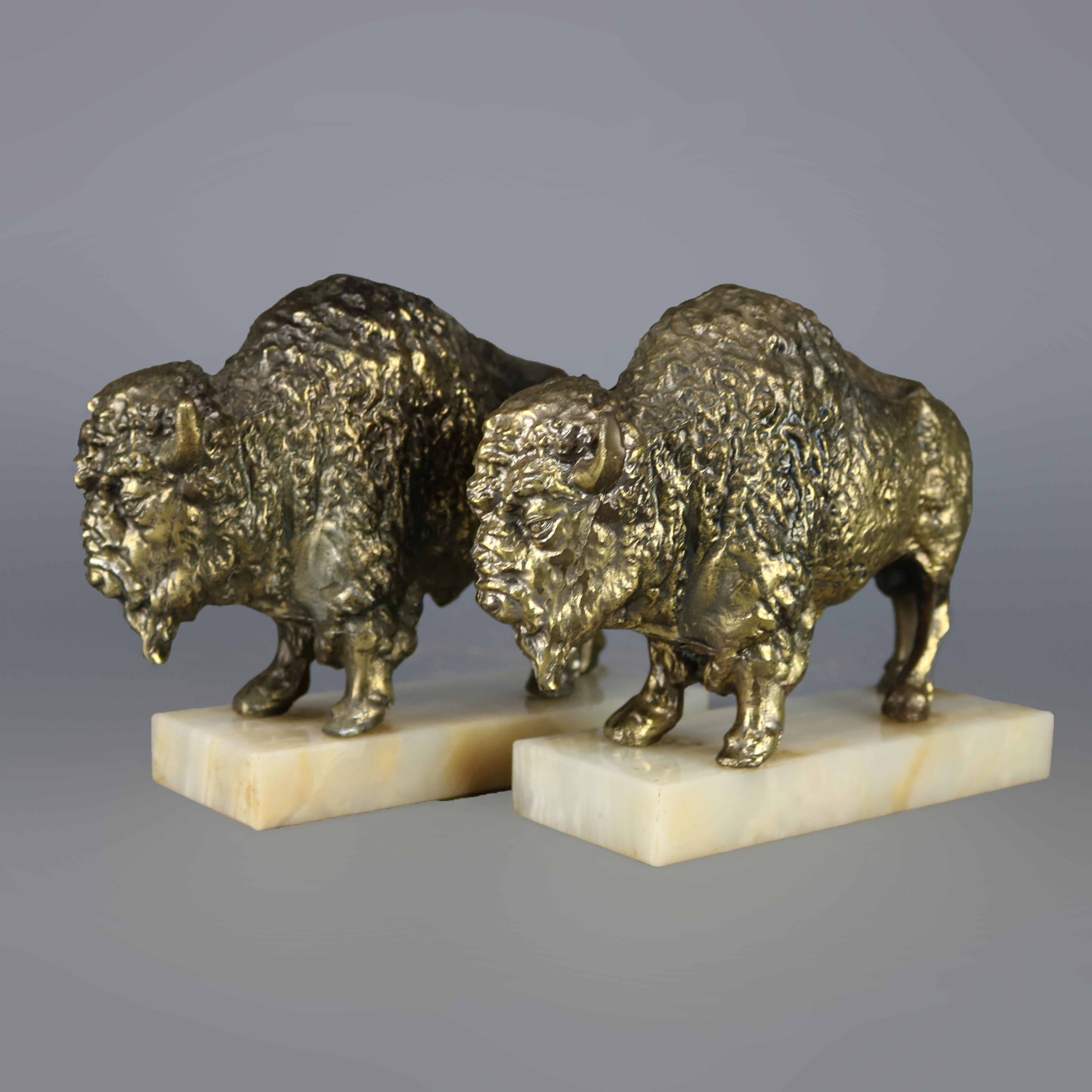 Antique Figural Buffalo Gilt Metal Bookends on Onyx Base, circa 1920 In Good Condition In Big Flats, NY