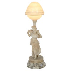 Antique Figural Carved Alabaster Lamp with a Classical Young Woman, c1900