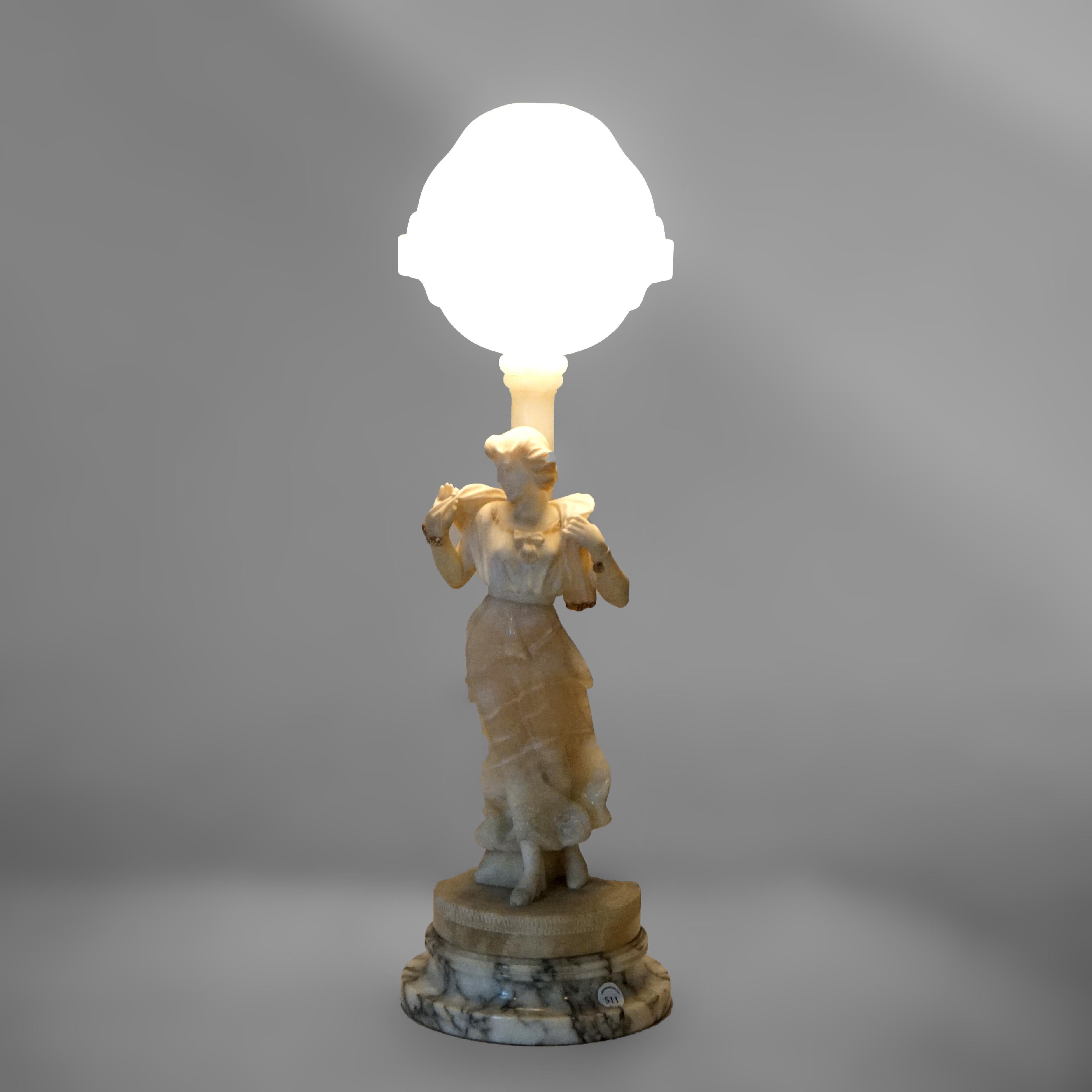 American Antique Figural Carved Alabaster Lamp with a Classical Young Woman, c1900