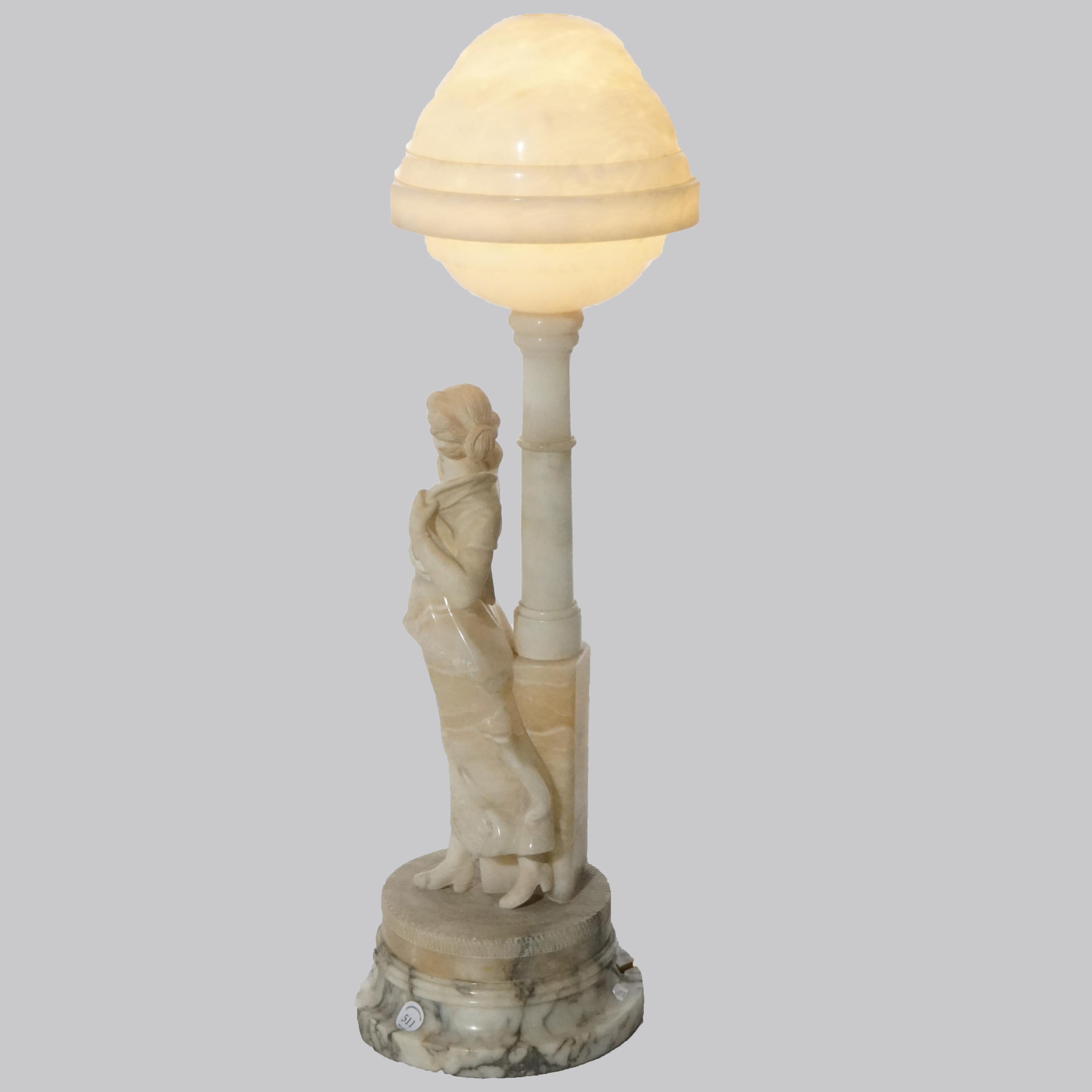 Antique Figural Carved Alabaster Lamp with a Classical Young Woman, c1900 In Good Condition In Big Flats, NY