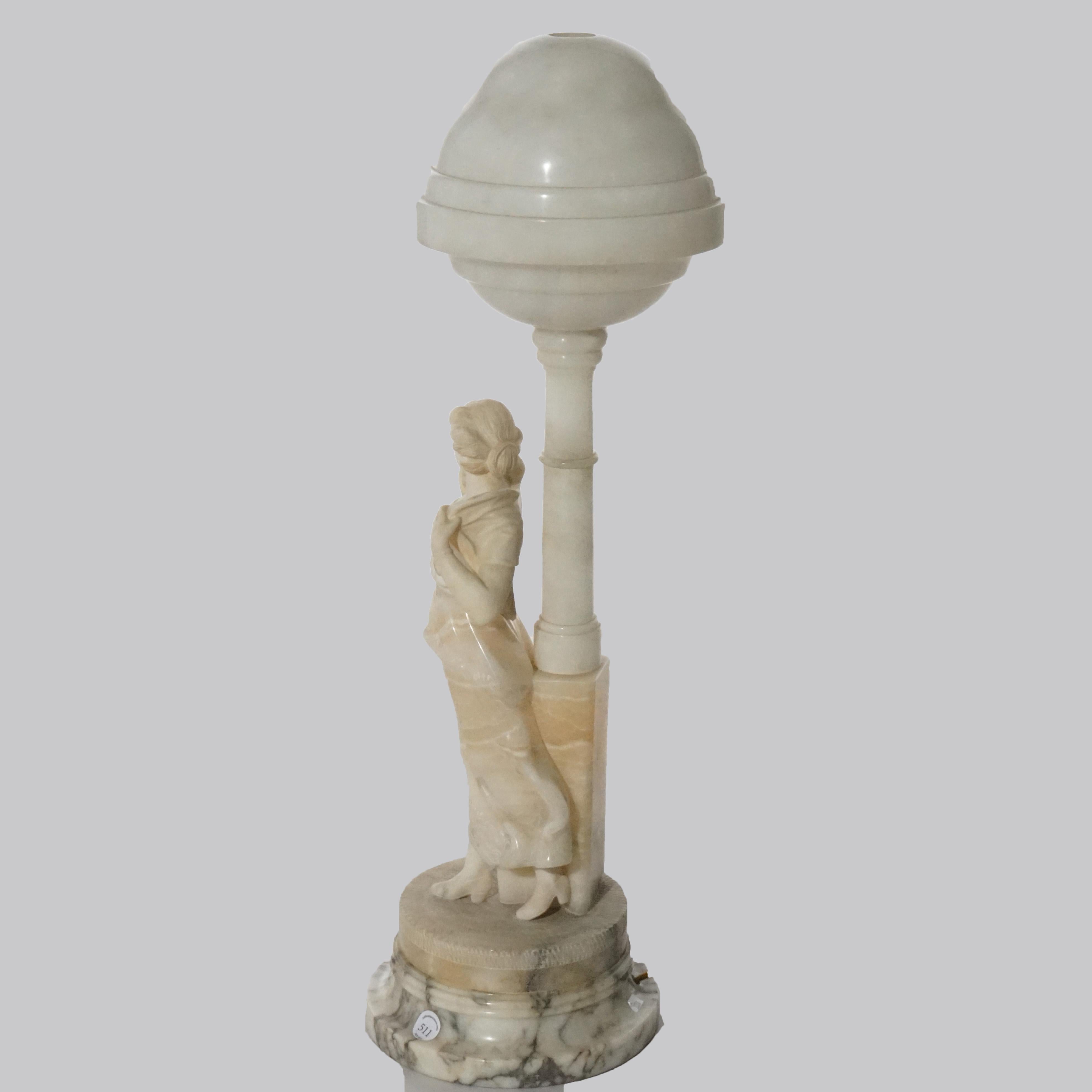 20th Century Antique Figural Carved Alabaster Lamp with a Classical Young Woman, c1900