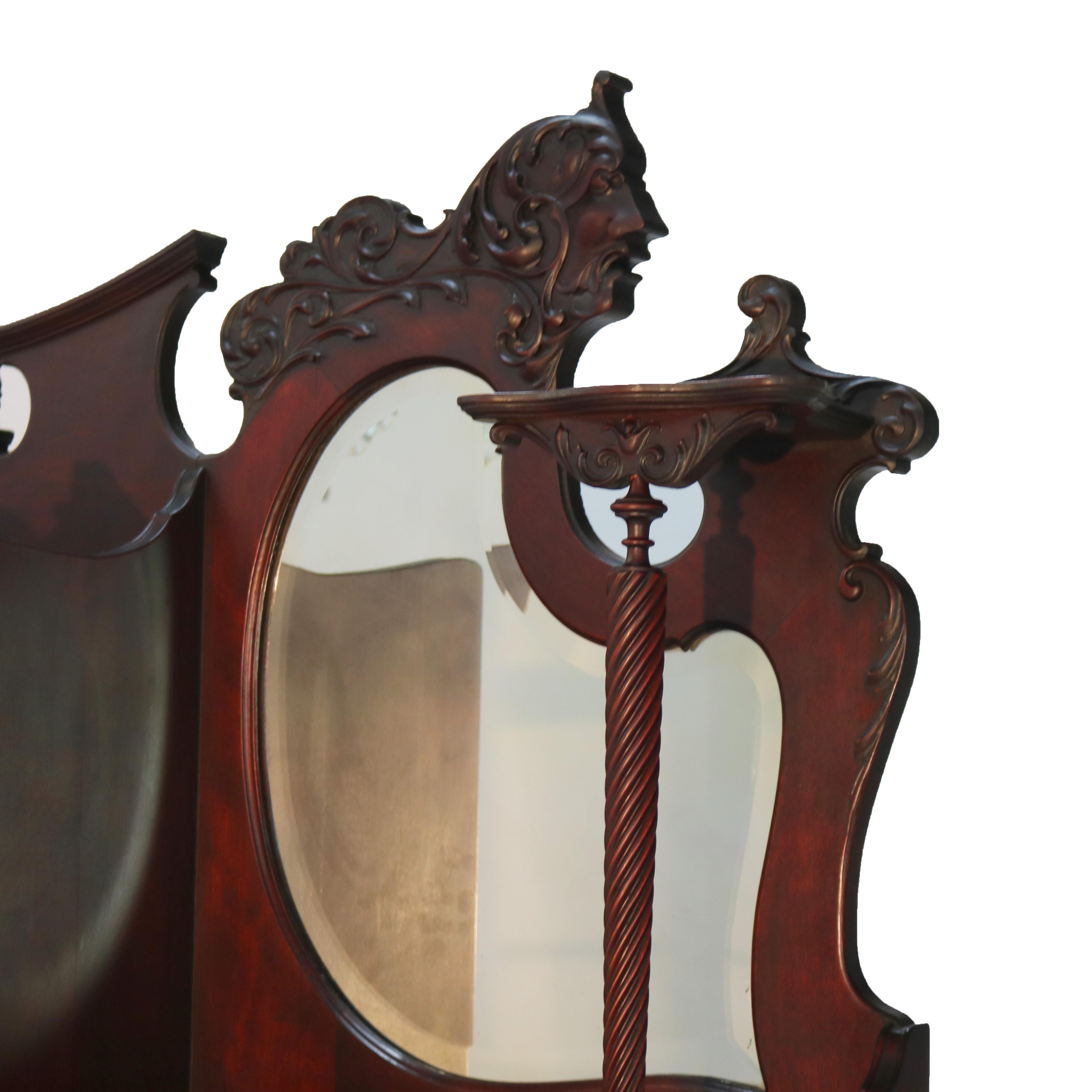 Antico segretario figurato intagliato a fiamma in mogano con specchio C1890 in vendita 6