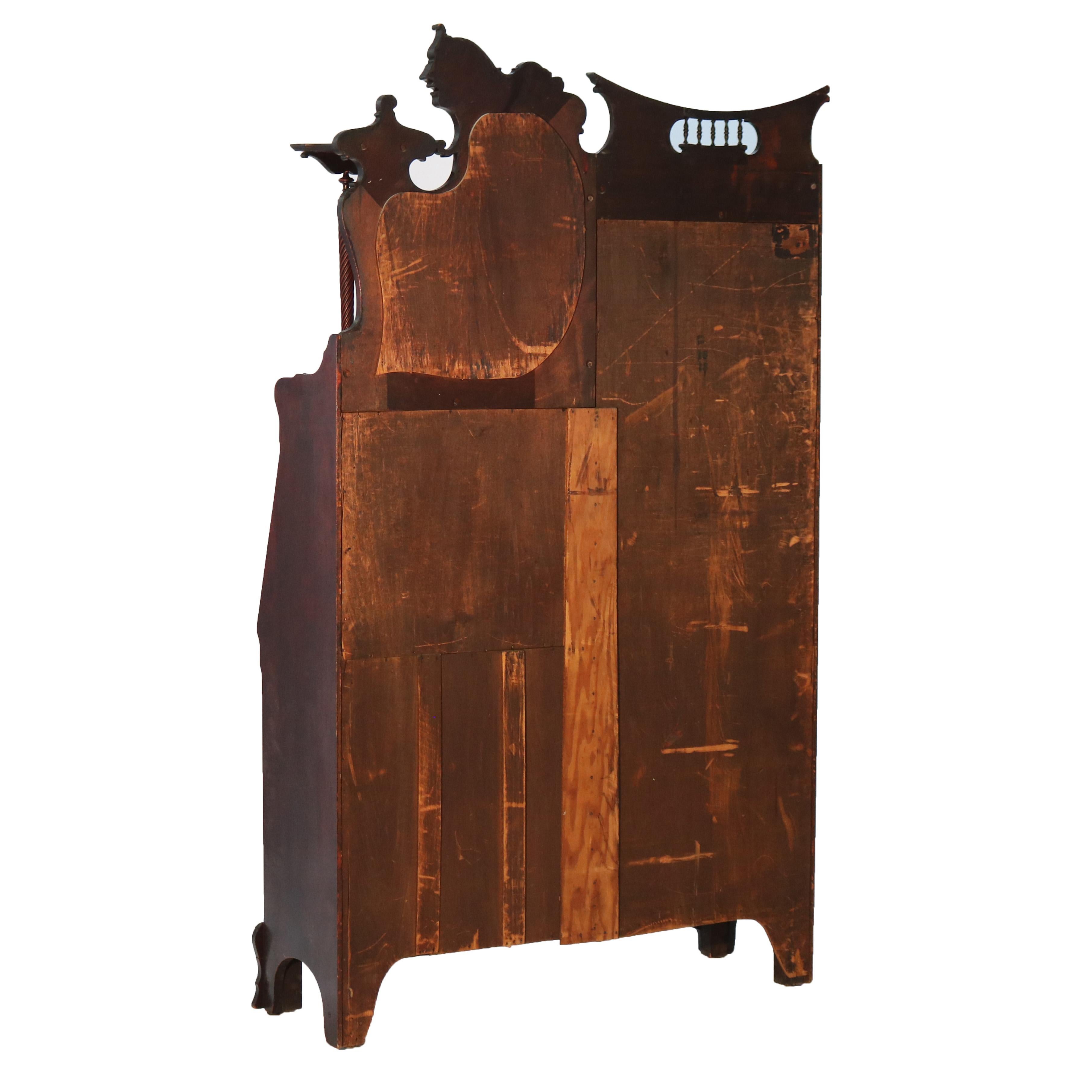 Antico segretario figurato intagliato a fiamma in mogano con specchio C1890 in vendita 7