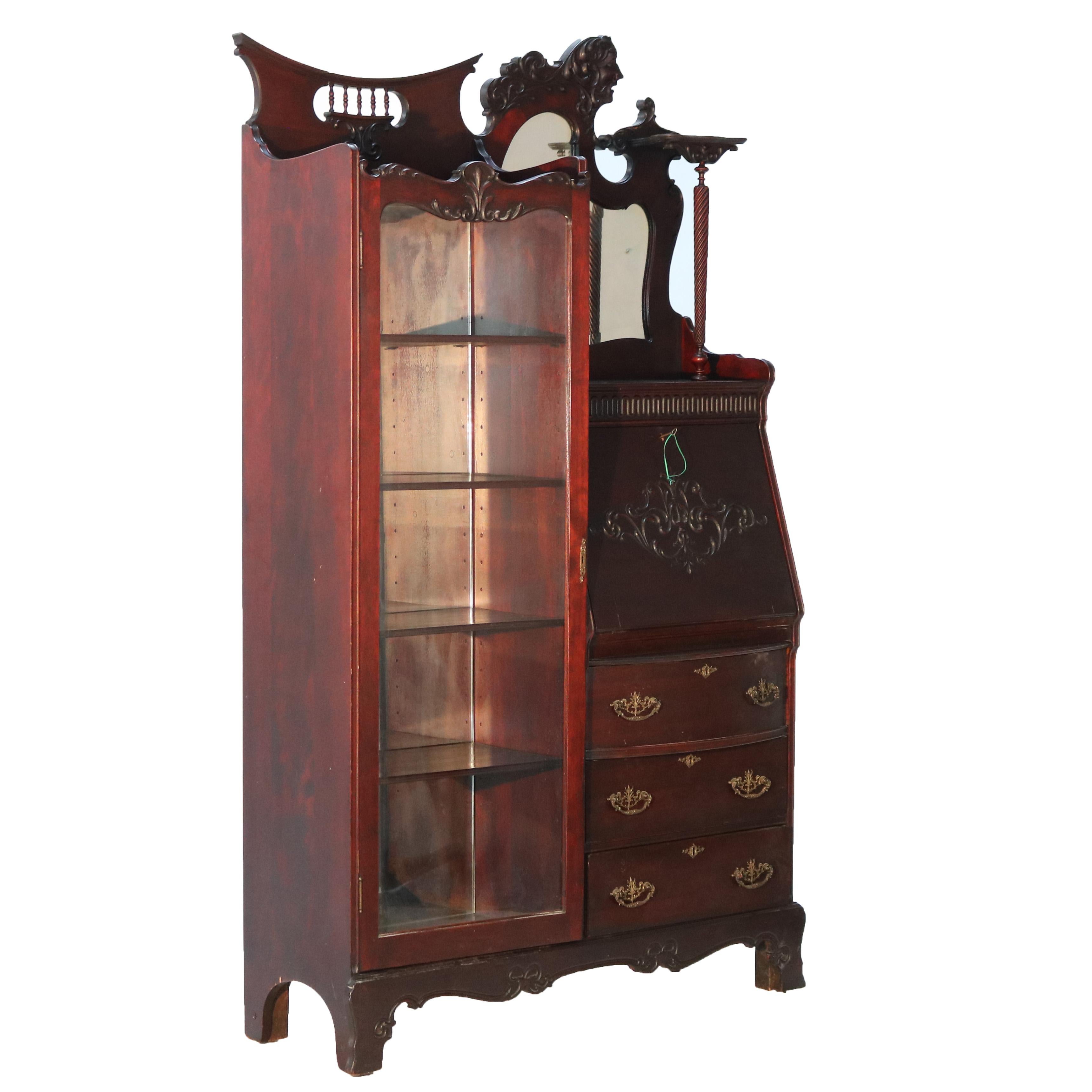Antico segretario figurato intagliato a fiamma in mogano con specchio C1890 in vendita 9