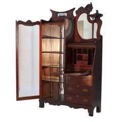 Antique Figural Carved Flame Mahogany Side By Side Secretary with Mirror C1890