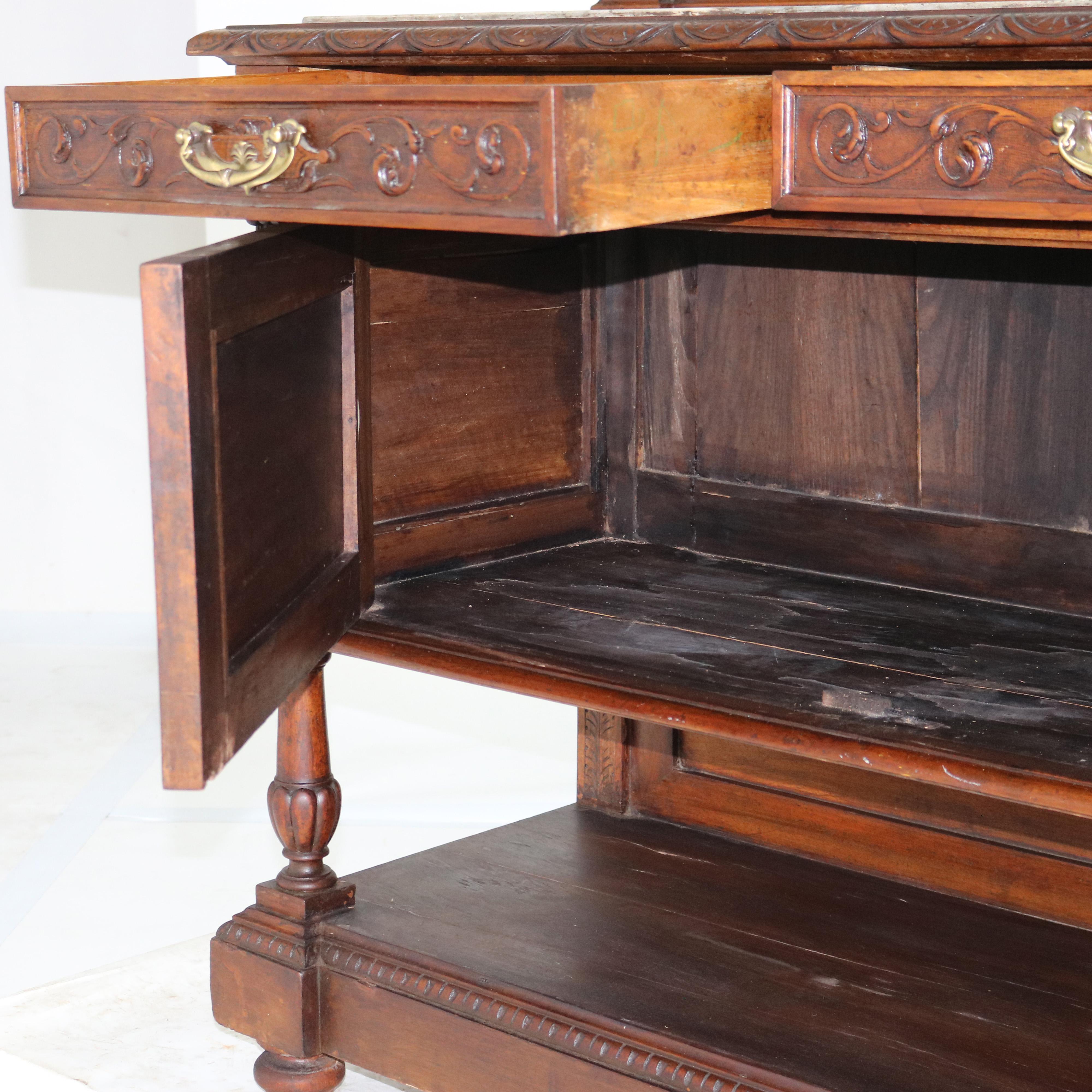 Antique Figural Carved & Gadrooned Edge Walnut Hunt Board Mirrored Server c1890 For Sale 6