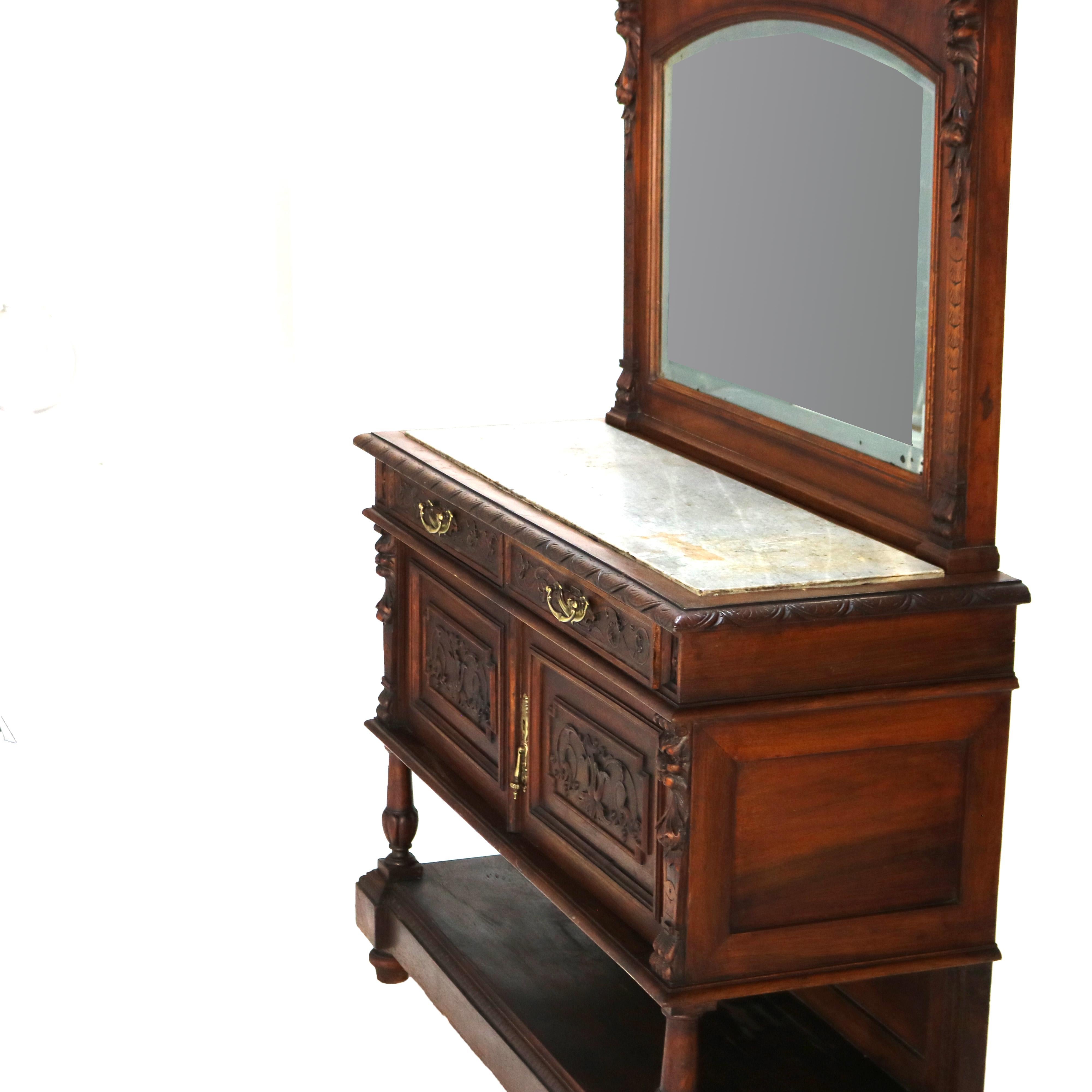 Antique Figural Carved & Gadrooned Edge Walnut Hunt Board Mirrored Server c1890 For Sale 8