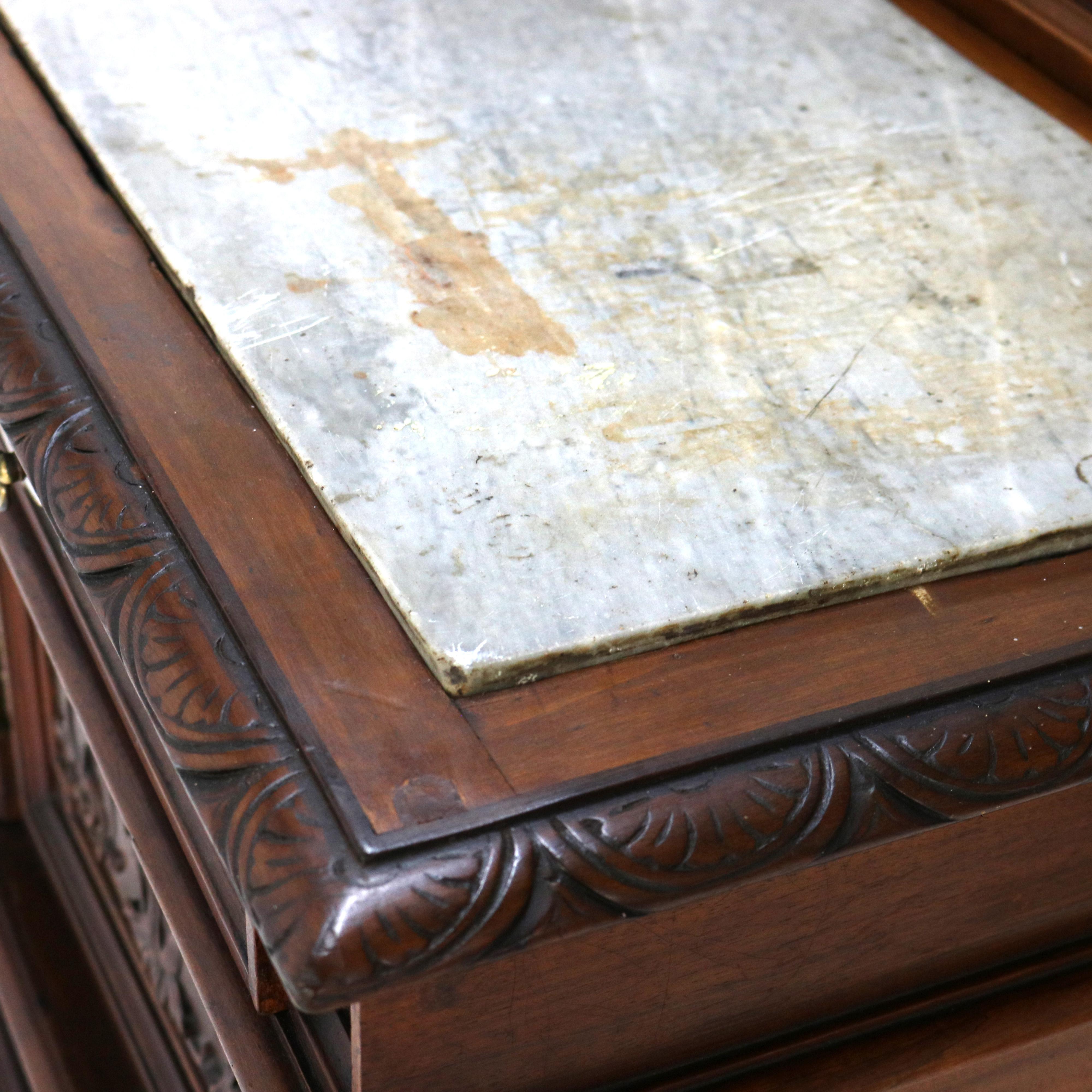 Antique Figural Carved & Gadrooned Edge Walnut Hunt Board Mirrored Server c1890 For Sale 9