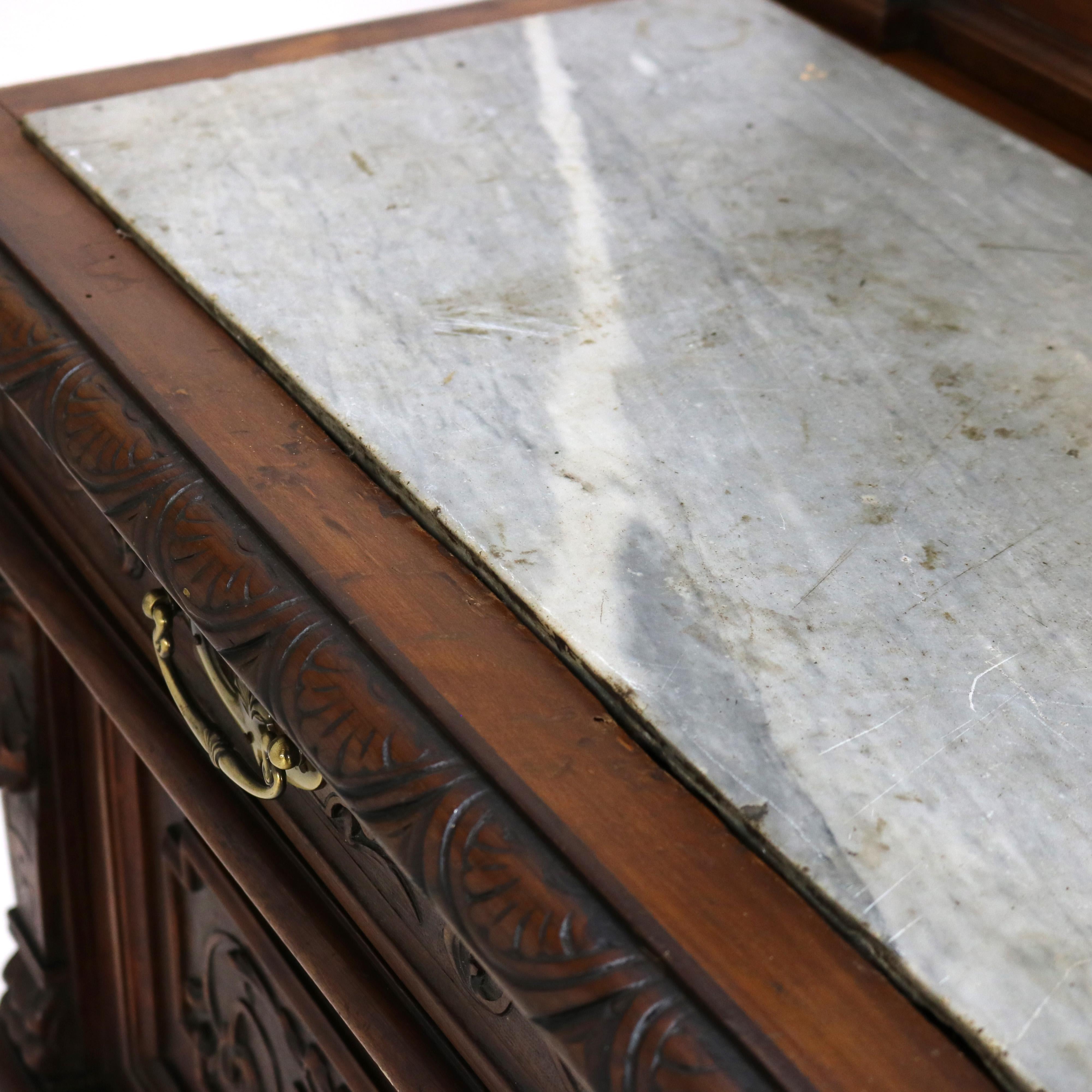 Antique Figural Carved & Gadrooned Edge Walnut Hunt Board Mirrored Server c1890 For Sale 10