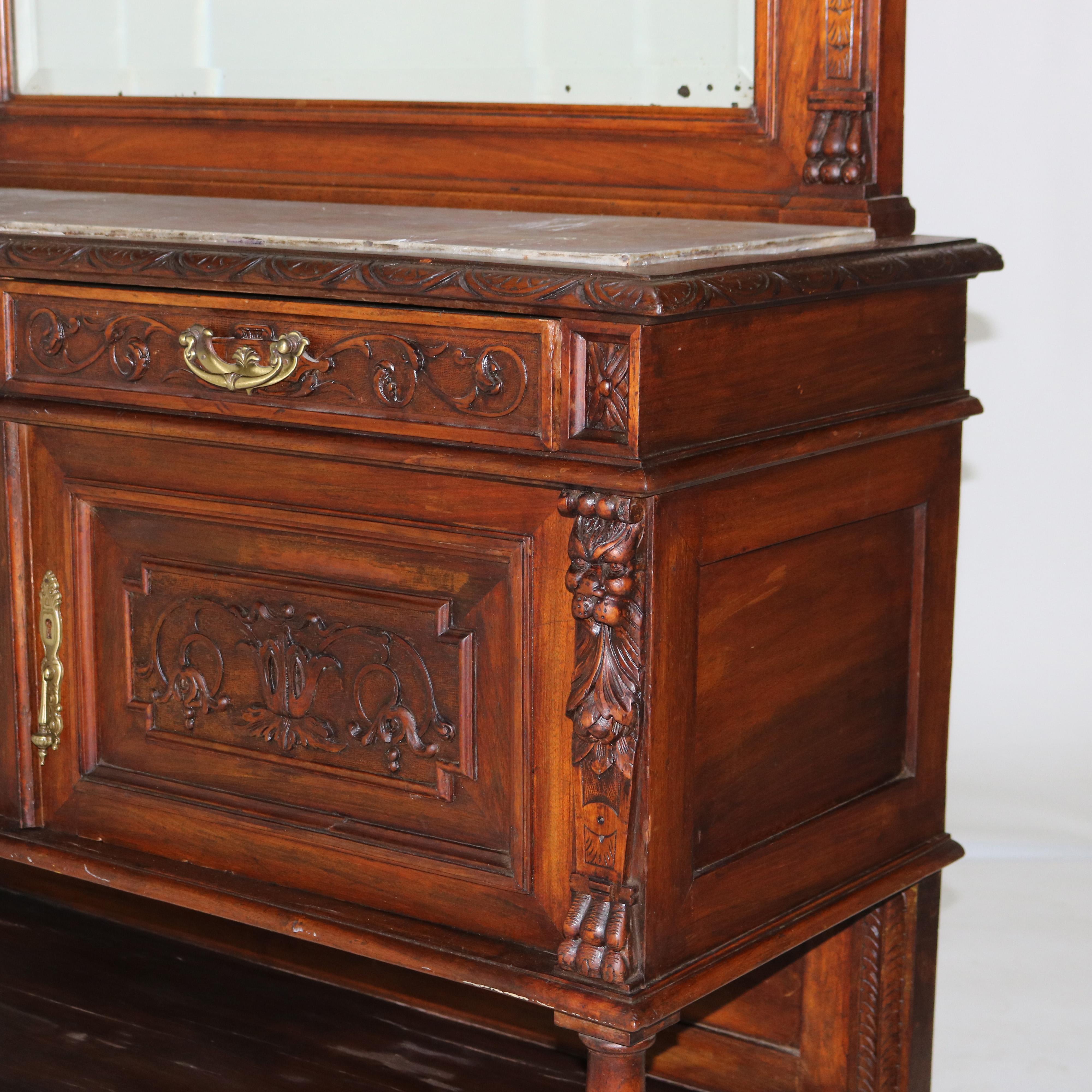 Antique Figural Carved & Gadrooned Edge Walnut Hunt Board Mirrored Server c1890 In Good Condition For Sale In Big Flats, NY
