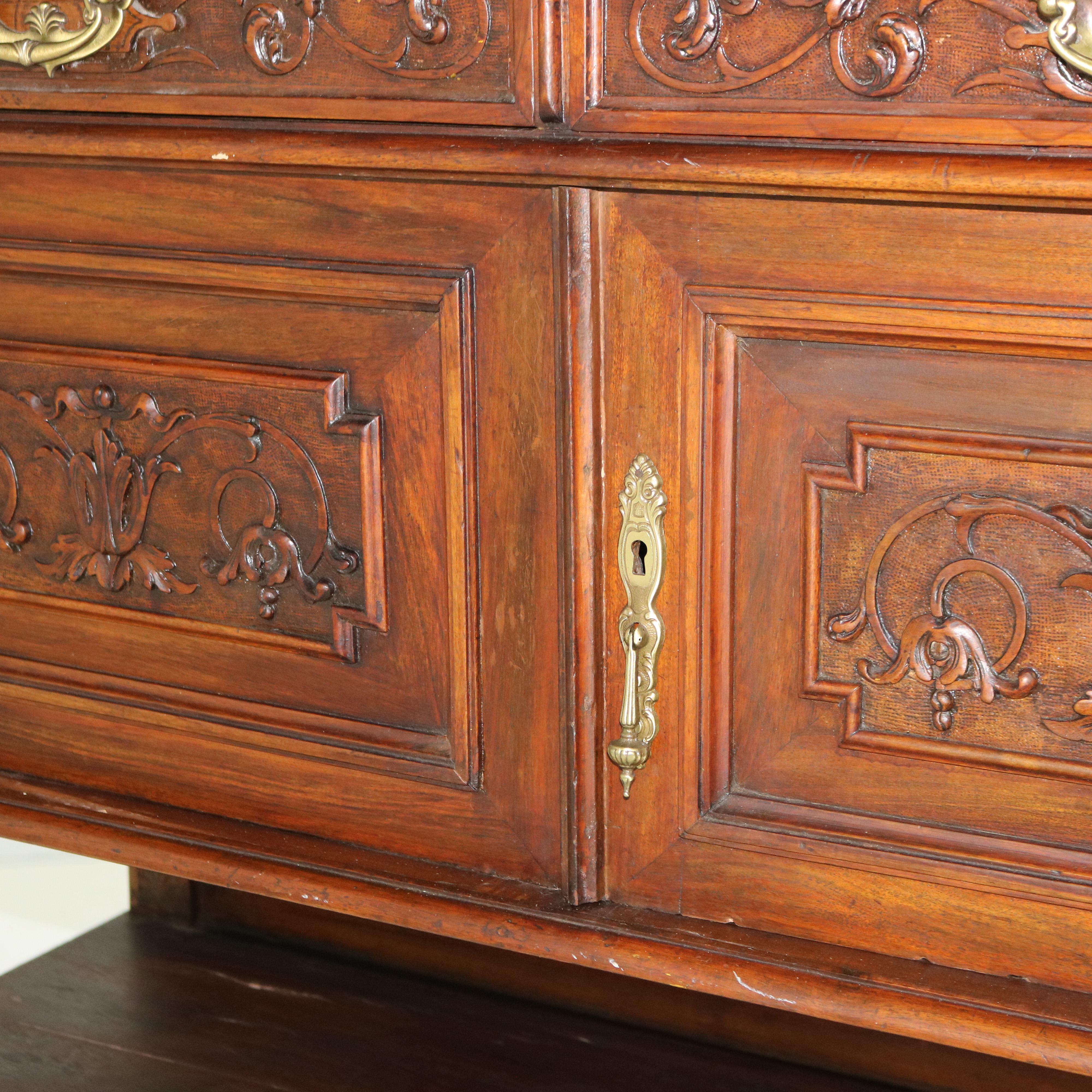 Antique Figural Carved & Gadrooned Edge Walnut Hunt Board Mirrored Server c1890 For Sale 1