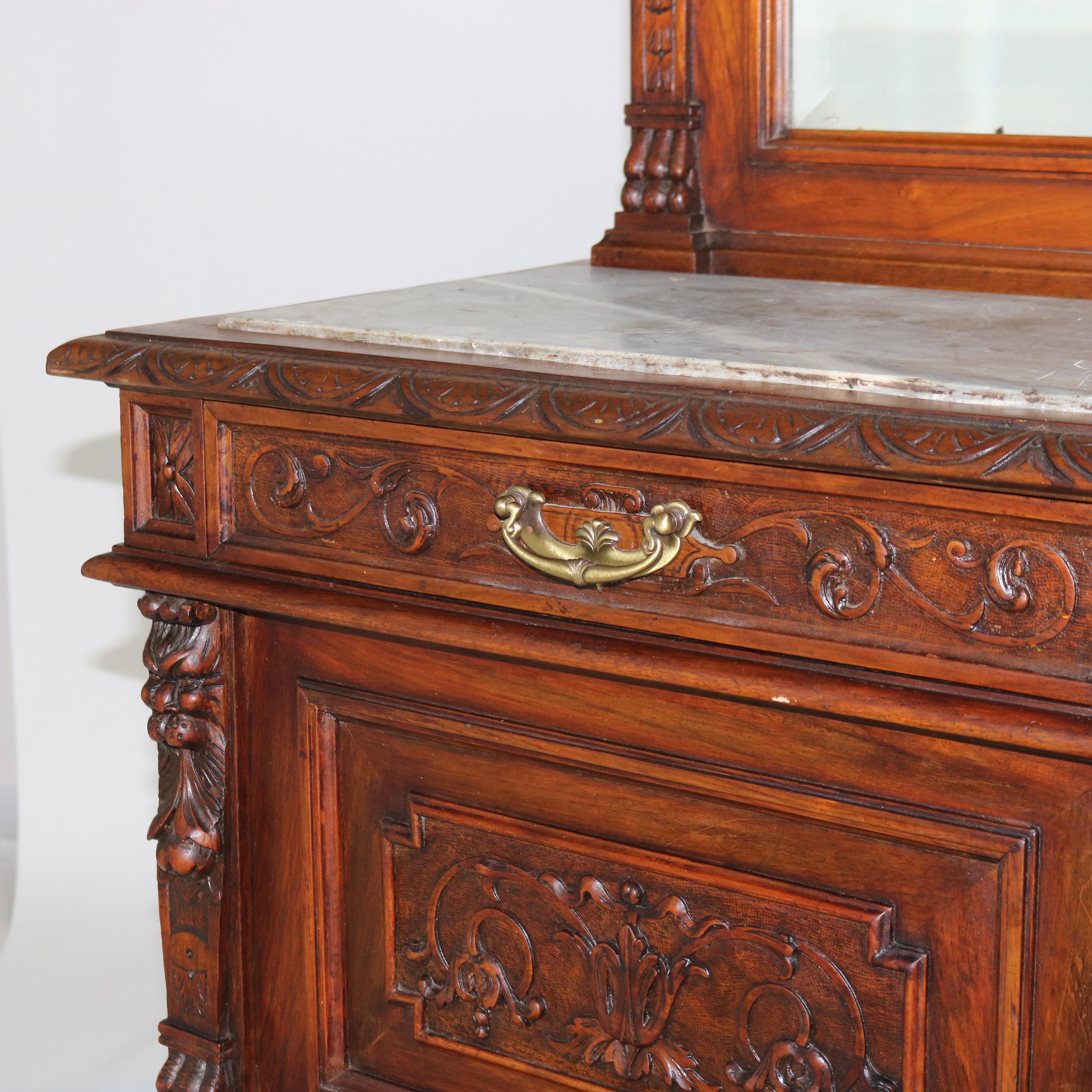 Antique Figural Carved & Gadrooned Edge Walnut Hunt Board Mirrored Server c1890 For Sale 2