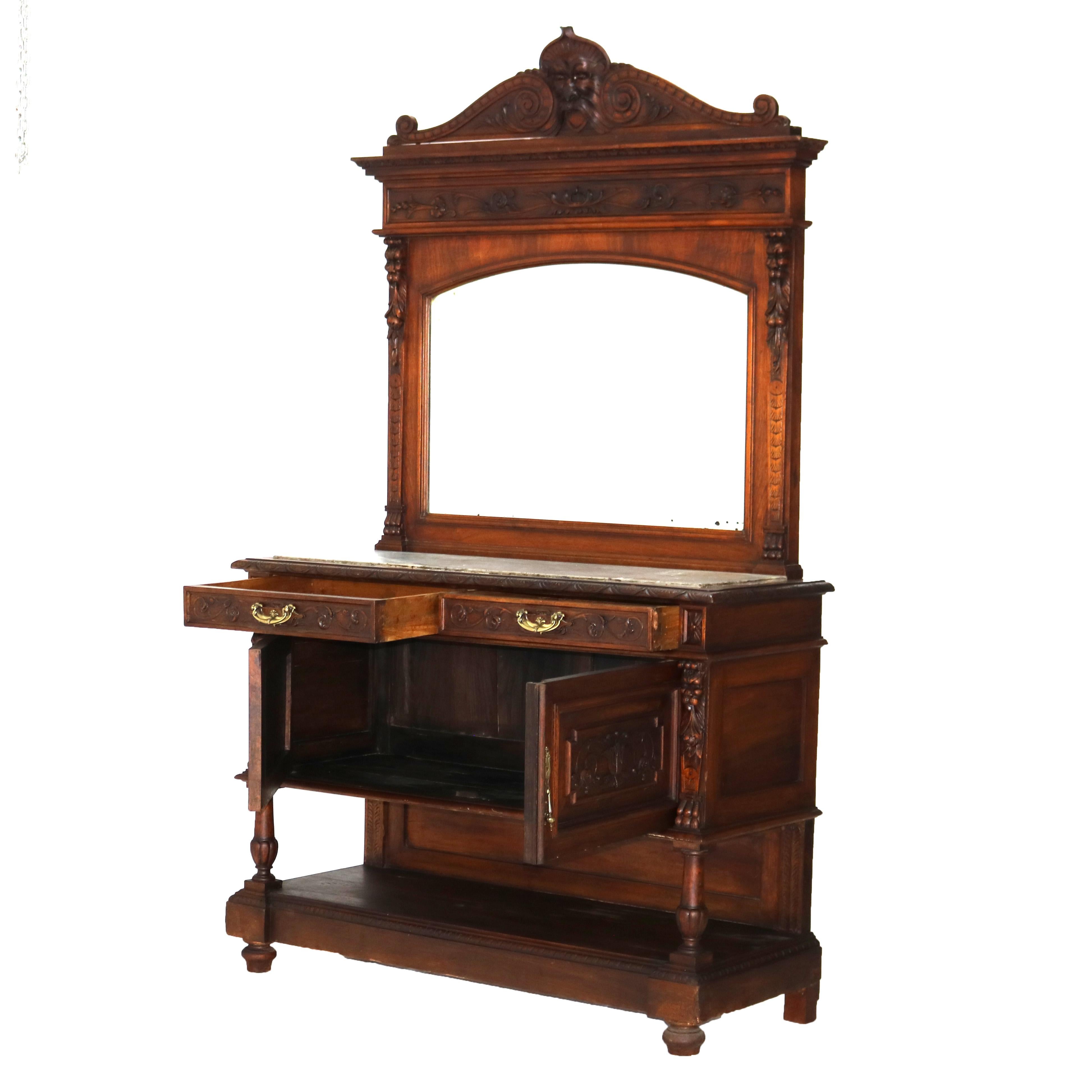 Antique Figural Carved & Gadrooned Edge Walnut Hunt Board Mirrored Server c1890 For Sale 3