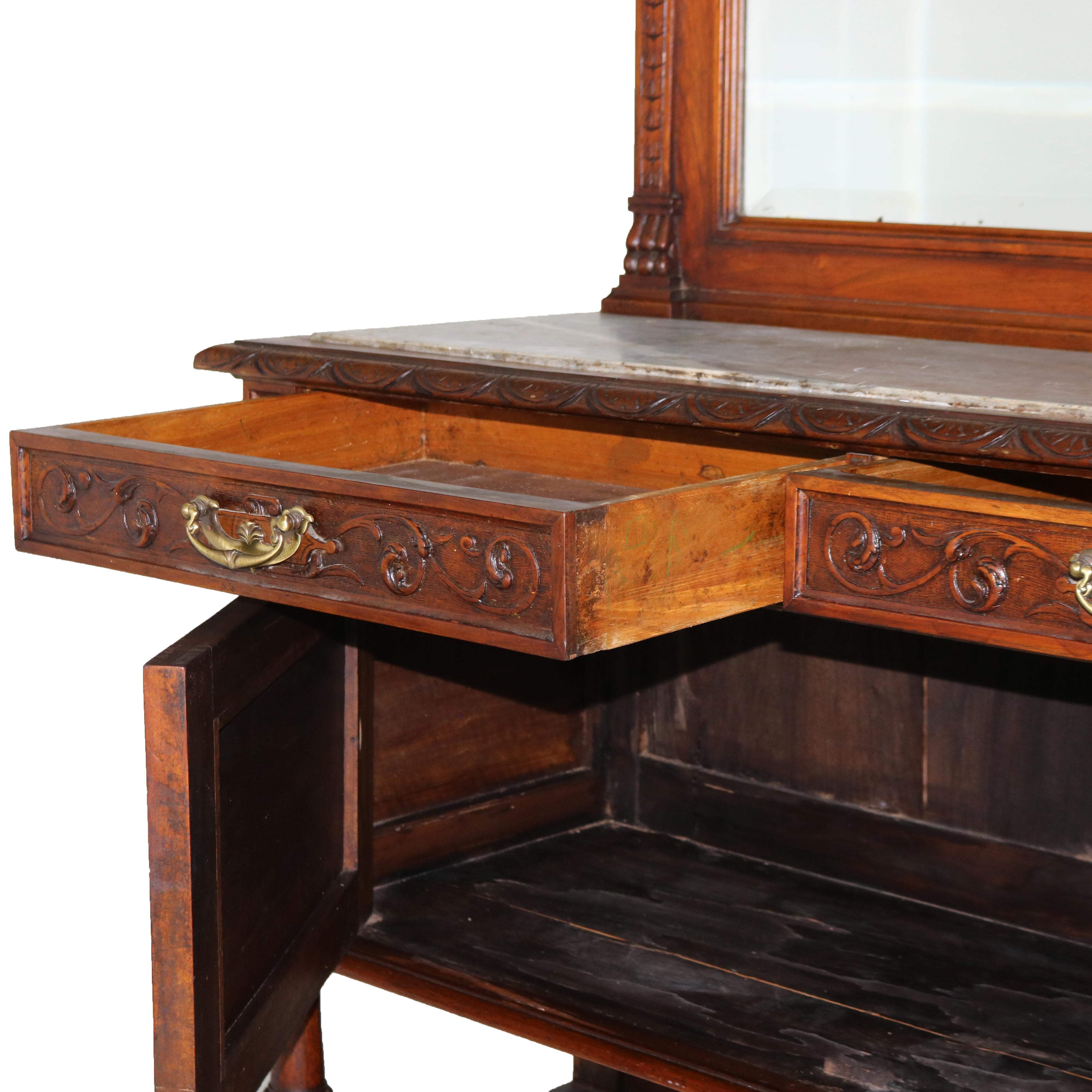 Antique Figural Carved & Gadrooned Edge Walnut Hunt Board Mirrored Server c1890 For Sale 4