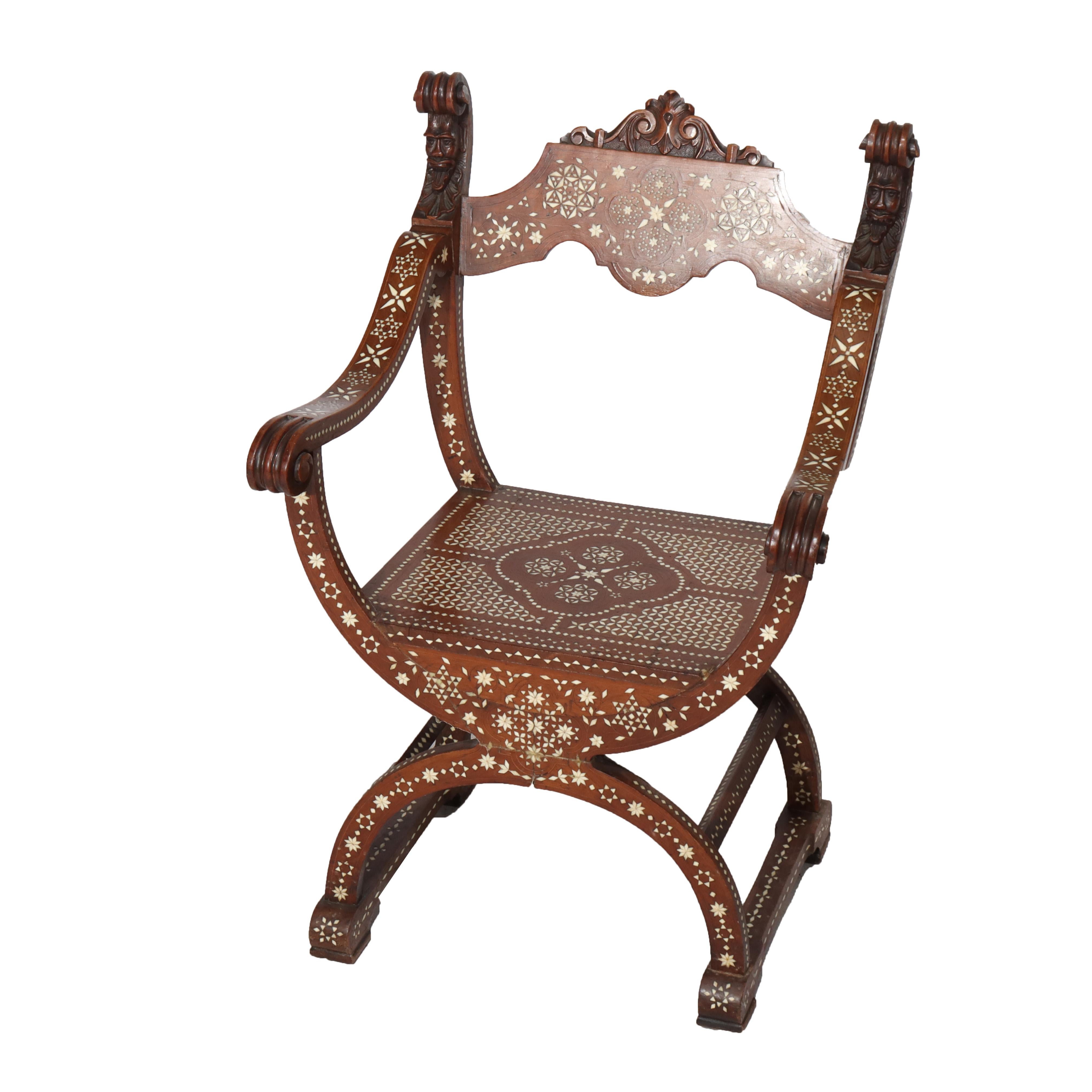***Reduced In-House Delivery Rates - Click on “Ask Seller” to Request a Quote***
Antique Figural Carved Mahogany & Bone Inlaid Throne Chair Unsigned 19thC
Measures - 36