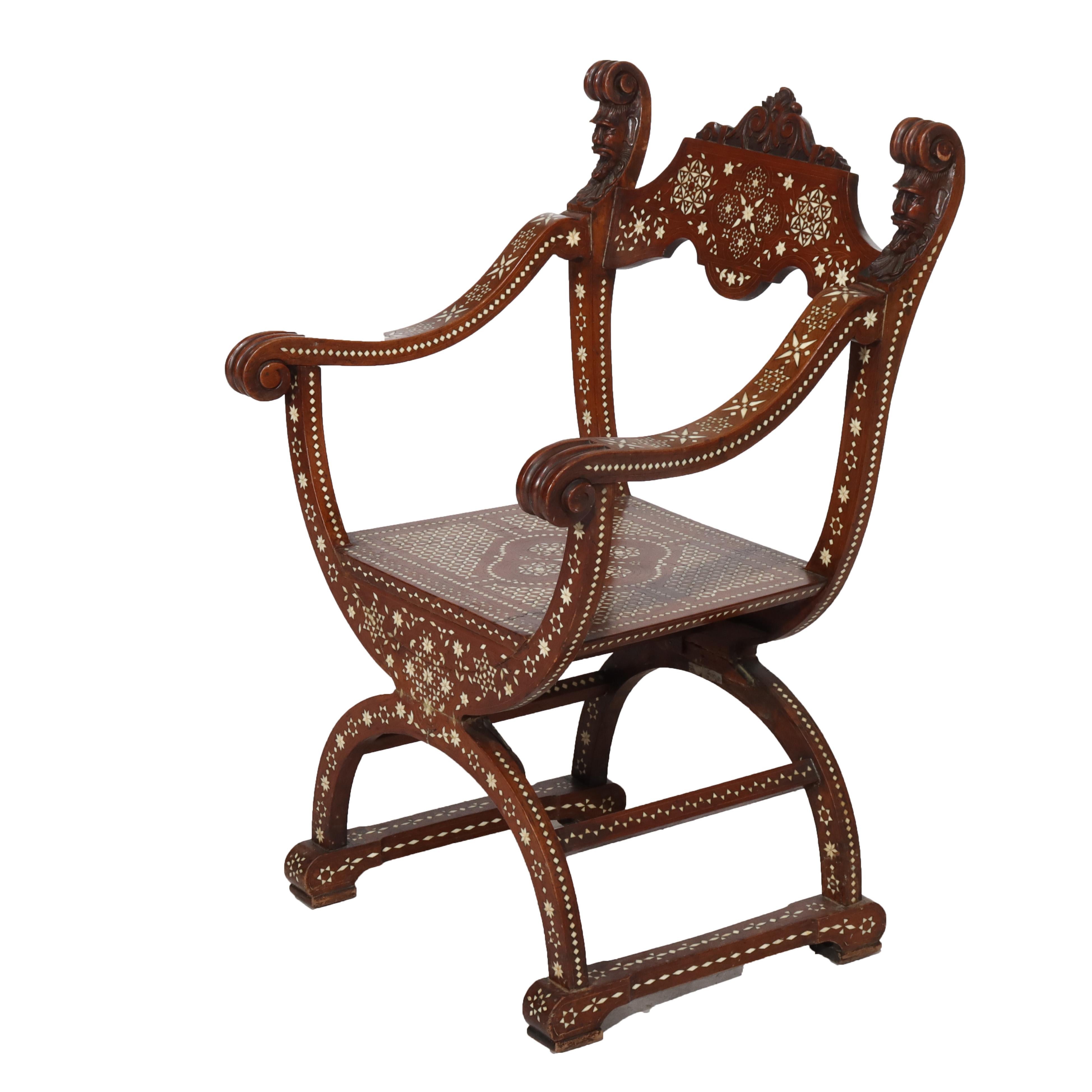 Antique Figural Carved Mahogany & Bone Inlaid Throne Chair 19thC In condizioni buone in vendita a Big Flats, NY