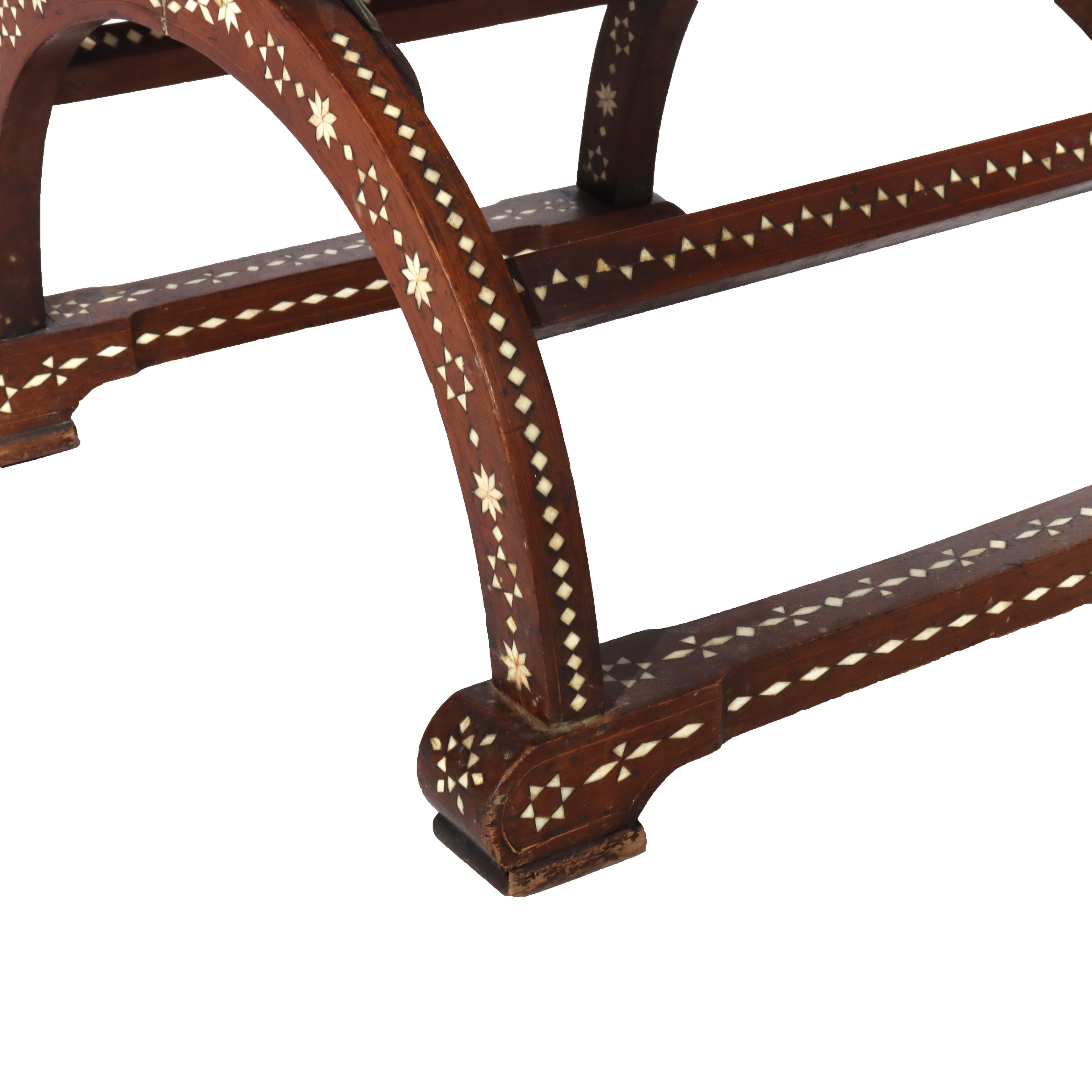 XIX secolo Antique Figural Carved Mahogany & Bone Inlaid Throne Chair 19thC in vendita