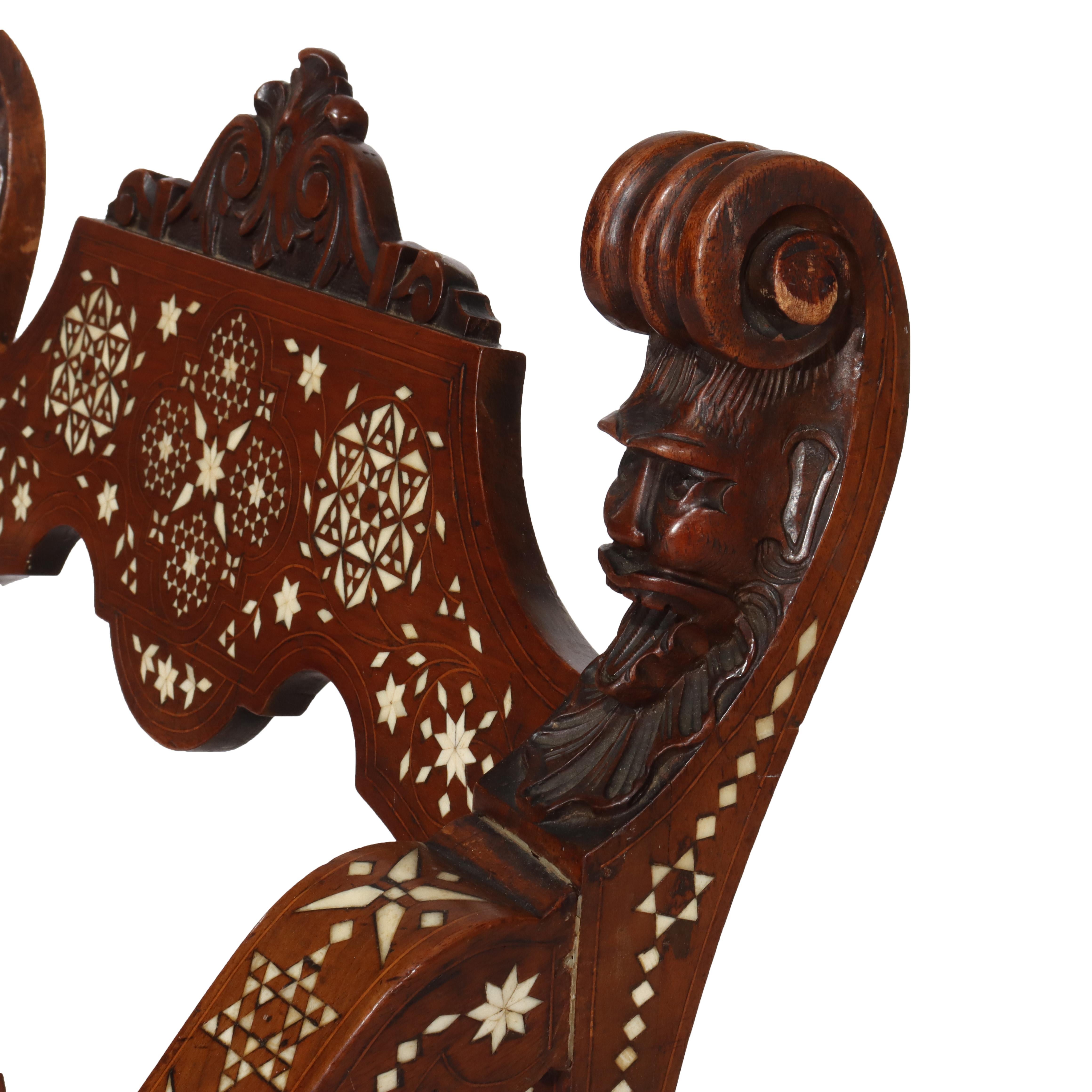 Mogano Antique Figural Carved Mahogany & Bone Inlaid Throne Chair 19thC in vendita