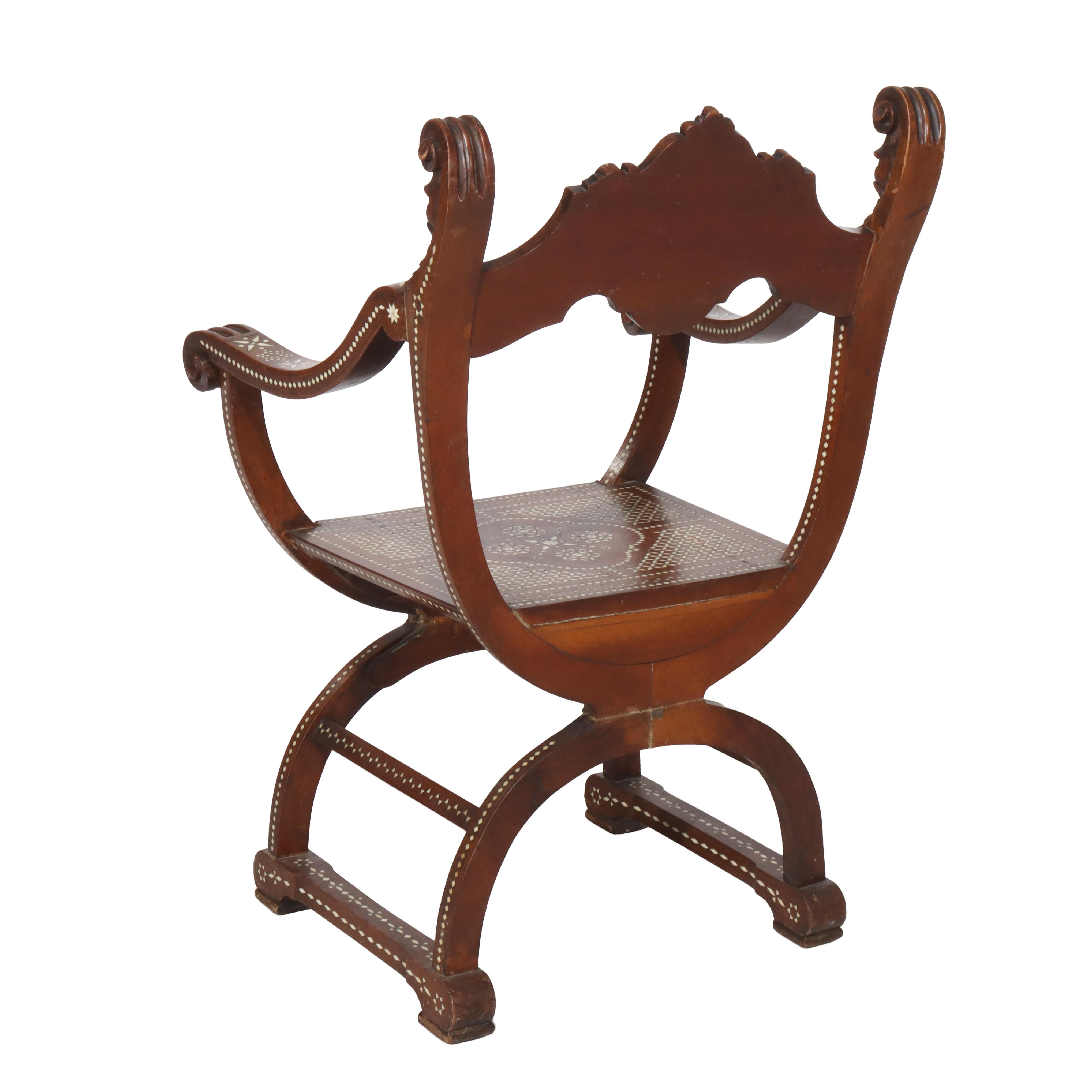 Antique Figural Carved Mahogany & Bone Inlaid Throne Chair 19thC in vendita 1