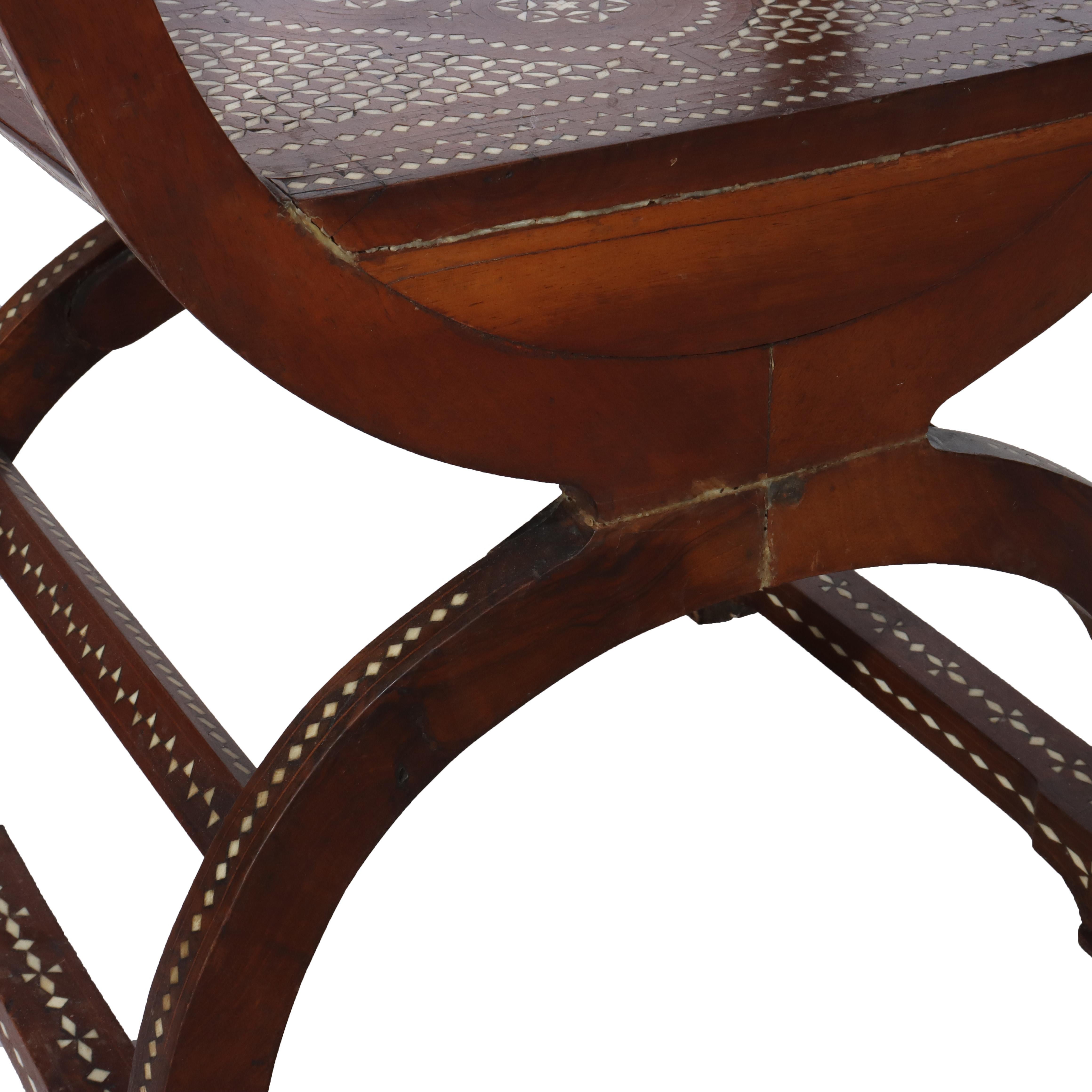 Antique Figural Carved Mahogany & Bone Inlaid Throne Chair 19thC in vendita 2