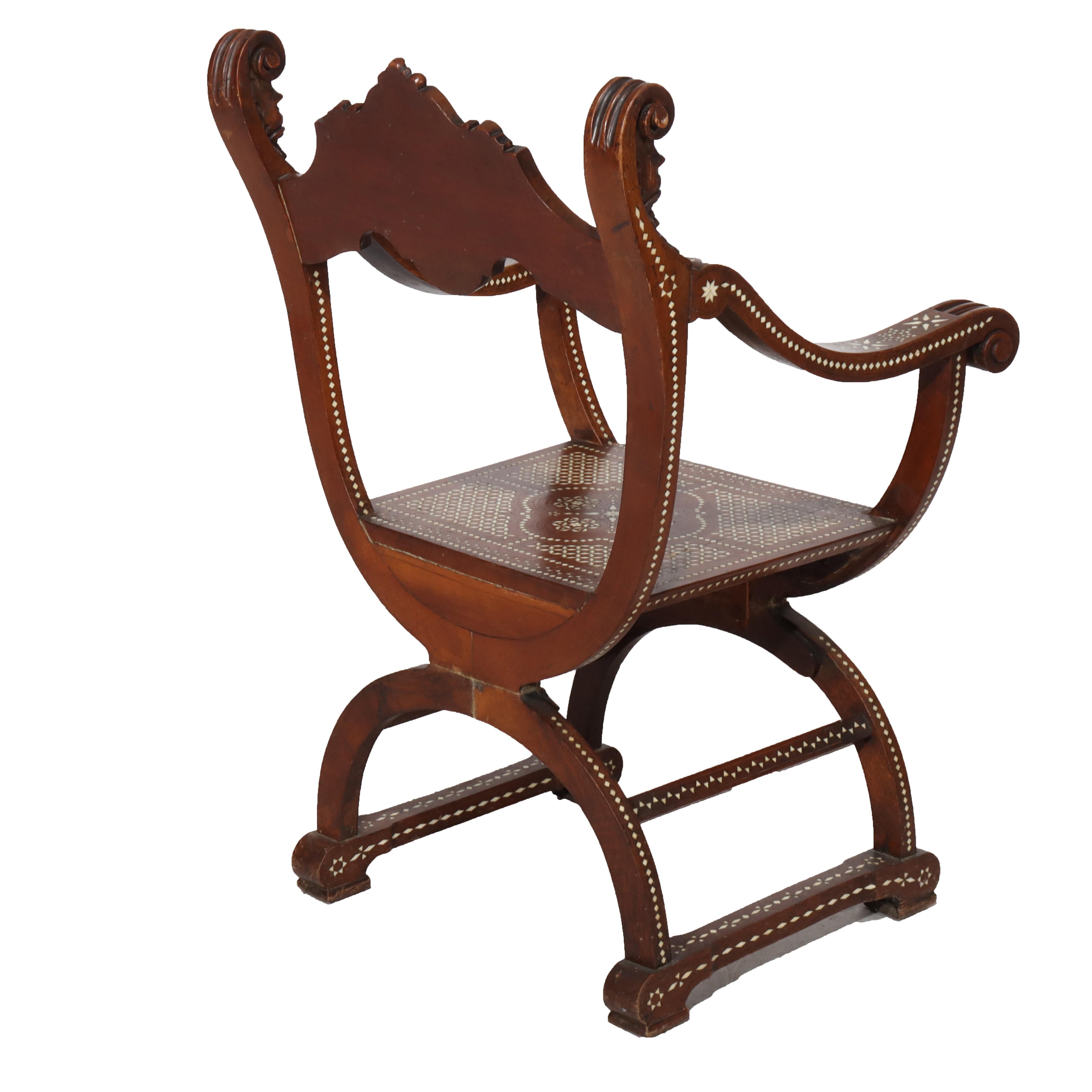 Antique Figural Carved Mahogany & Bone Inlaid Throne Chair 19thC in vendita 3