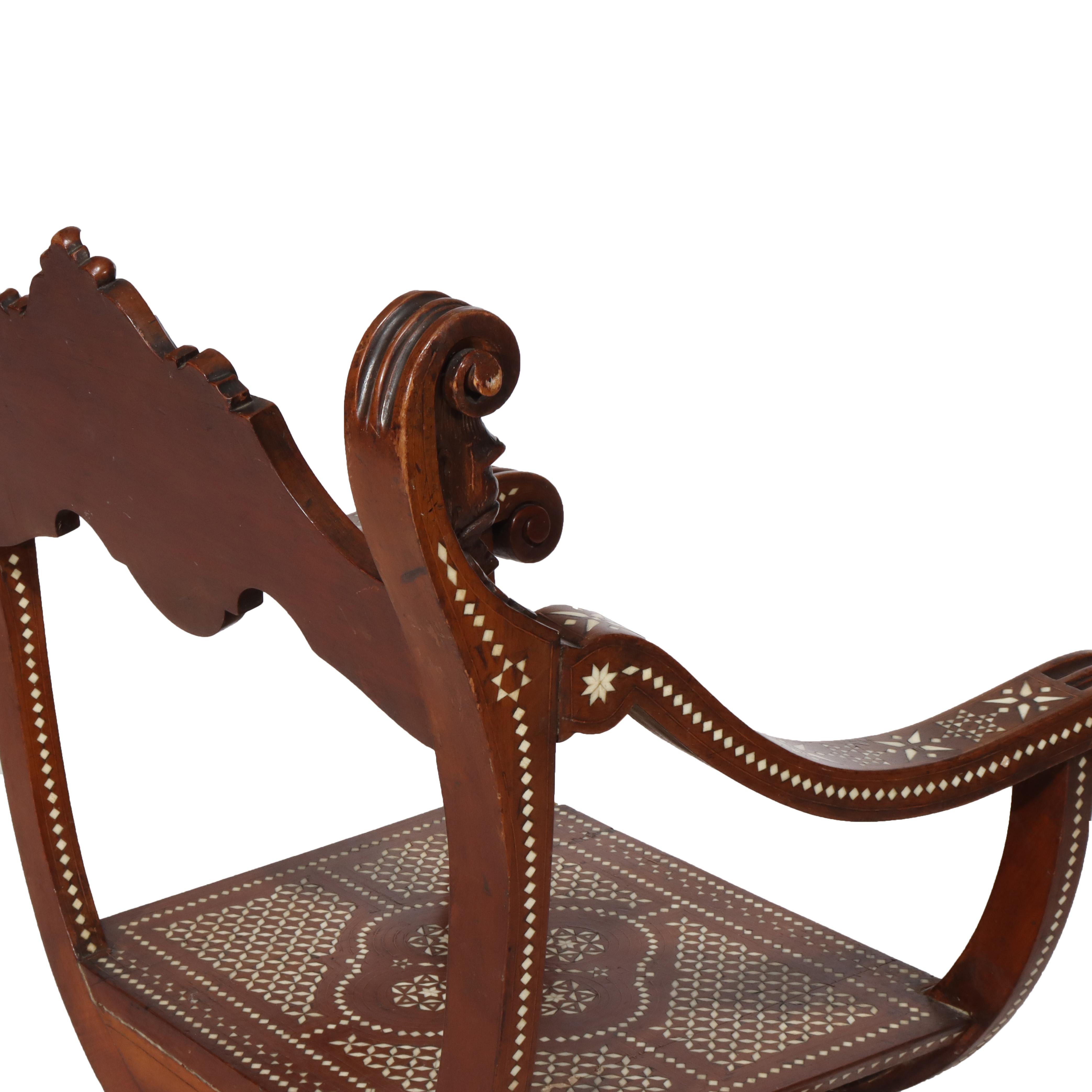 Antique Figural Carved Mahogany & Bone Inlaid Throne Chair 19thC in vendita 4