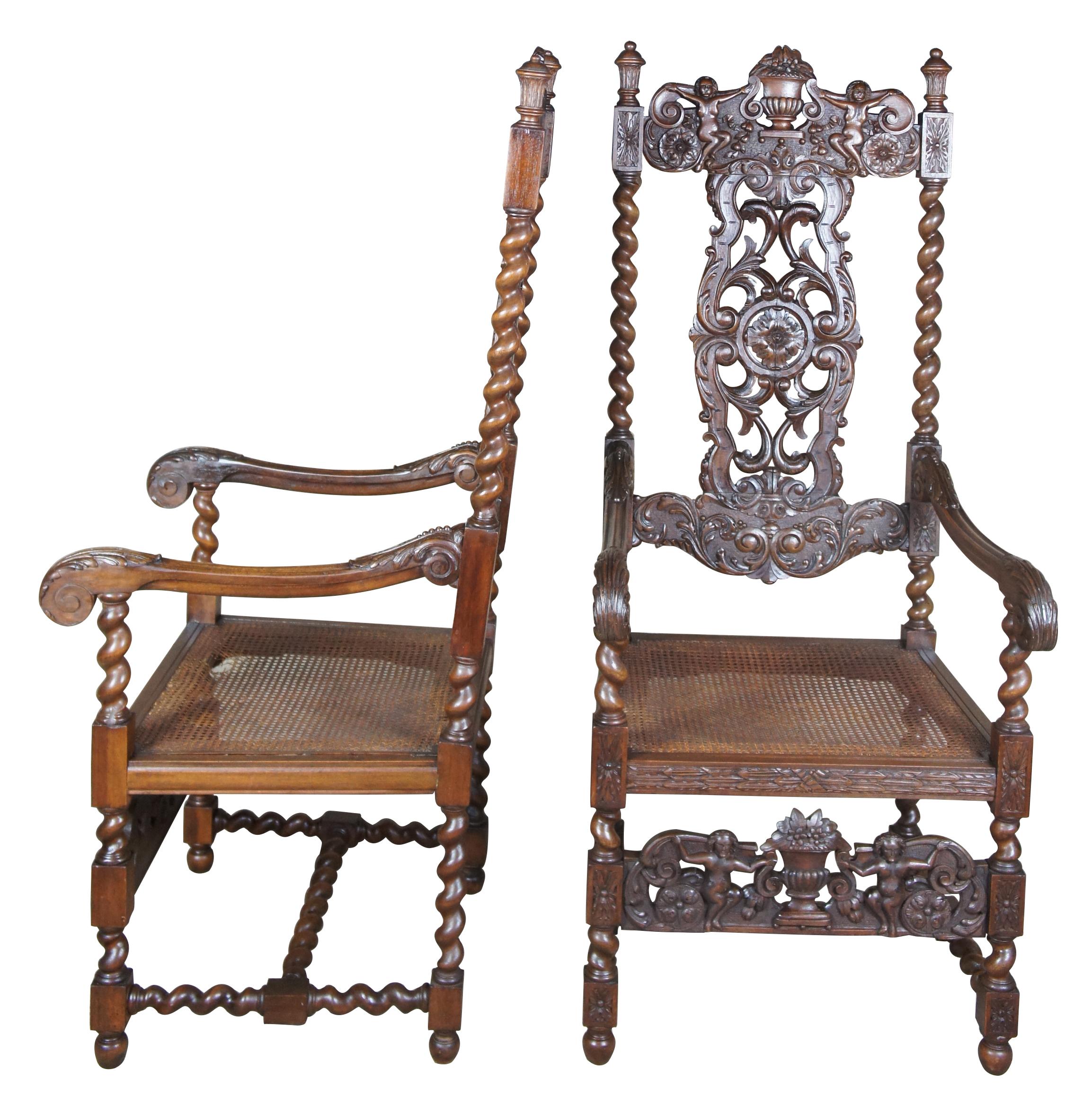 Antique figural carved mahogany throne chairs Victorian Gothic Spanish Revival

Monumental pair of Victorian era throne chairs. Drawing inspiration from Gothic and Spanish styling. Carved from mahogany with pierced back and figural accents.