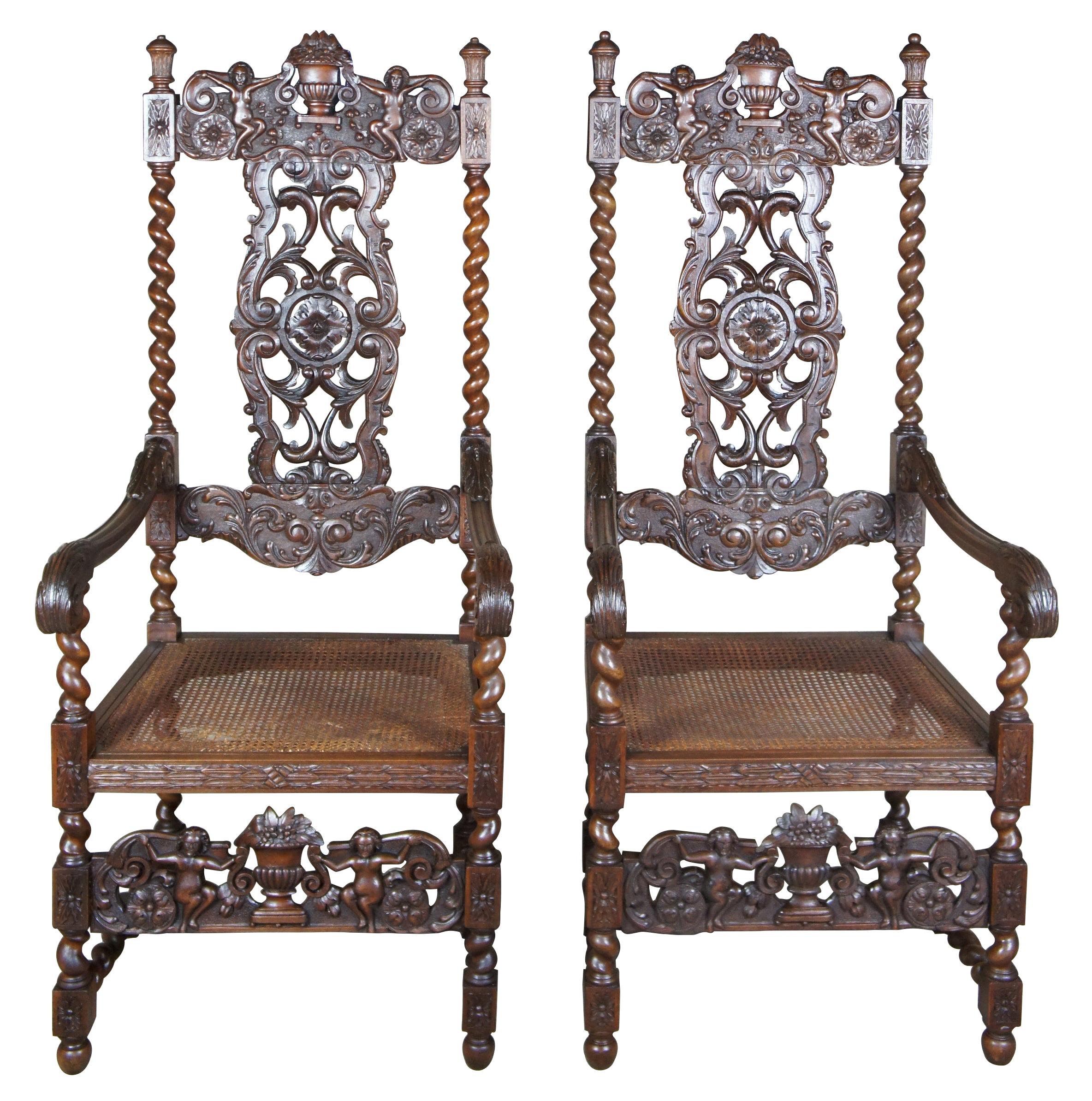 Antique Figural Carved Mahogany Throne Chairs Victorian Gothic Spanish Revival