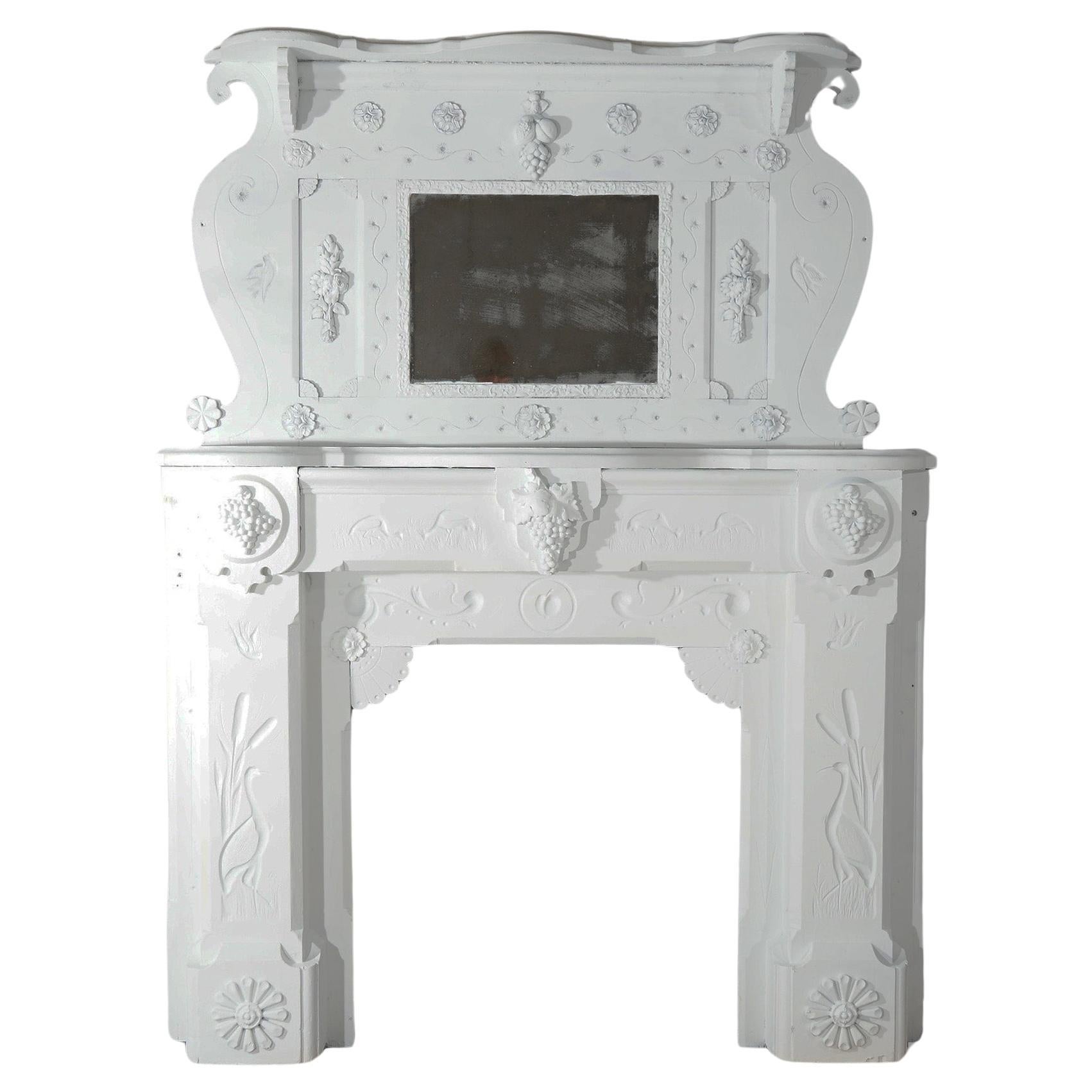 Antique Figural Carved & Mirrored Fireplace Mantel C1890 For Sale