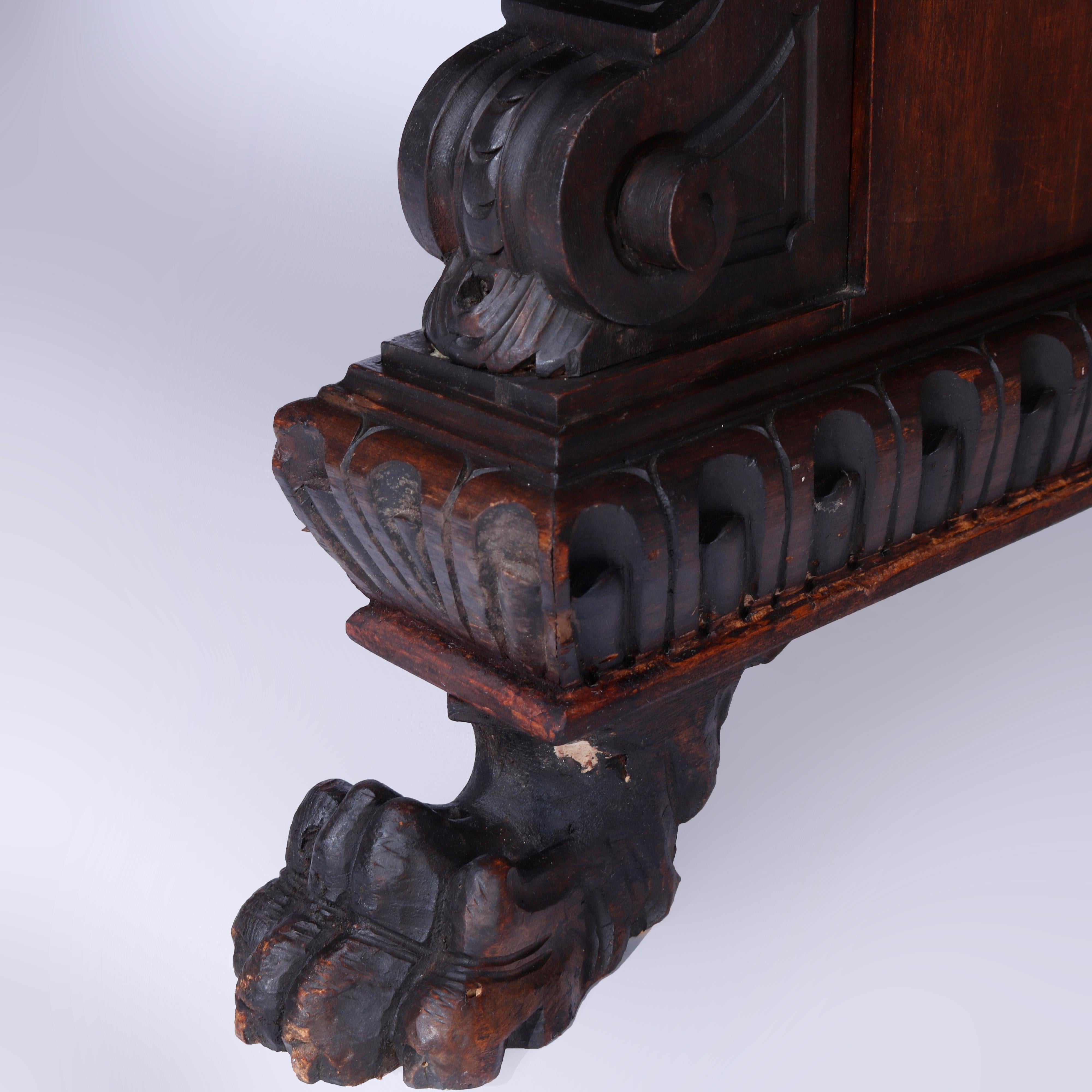 Antique Figural Carved Walnut Claw Foot Trestle Library Table, circa 1900 4
