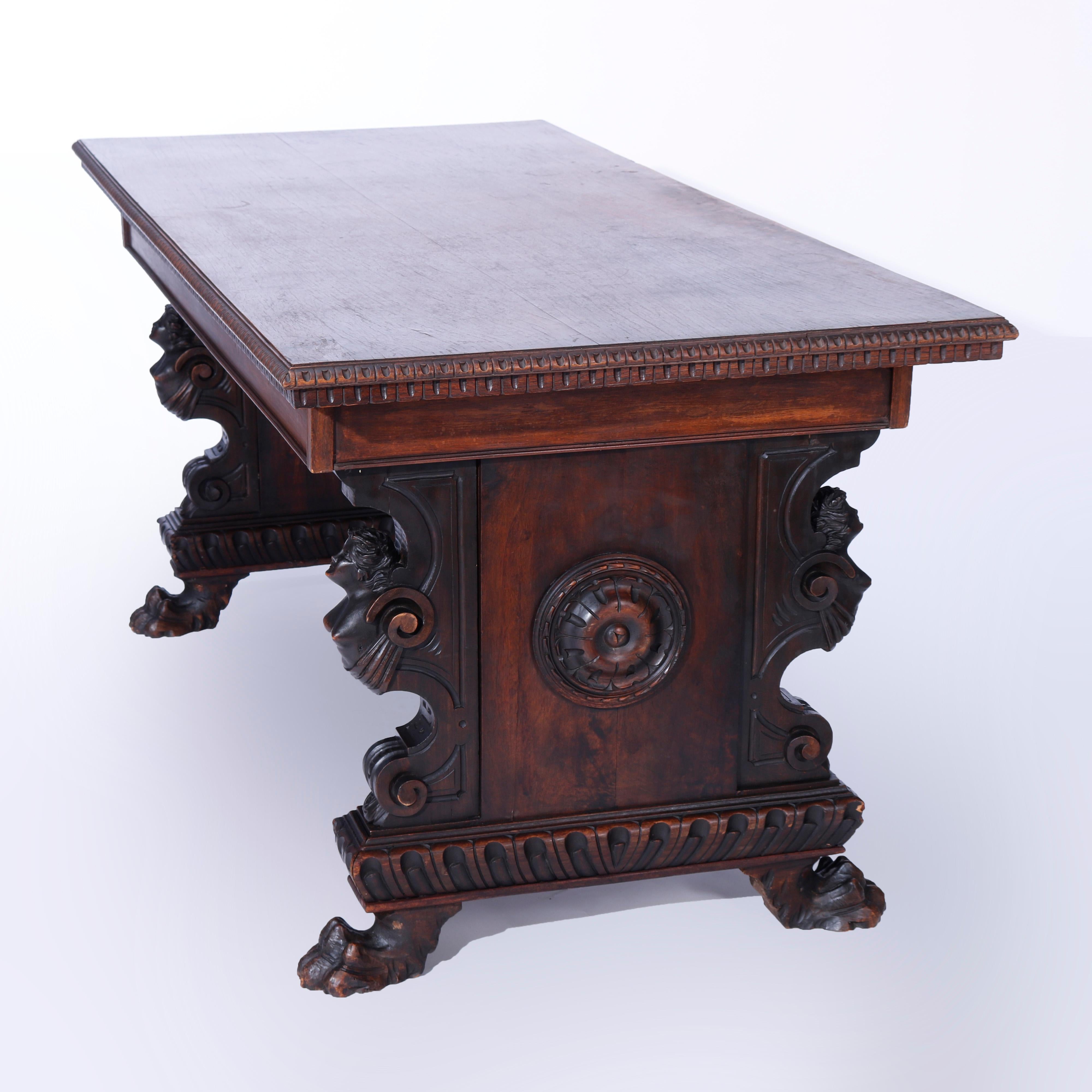Antique Figural Carved Walnut Claw Foot Trestle Library Table, circa 1900 In Good Condition In Big Flats, NY