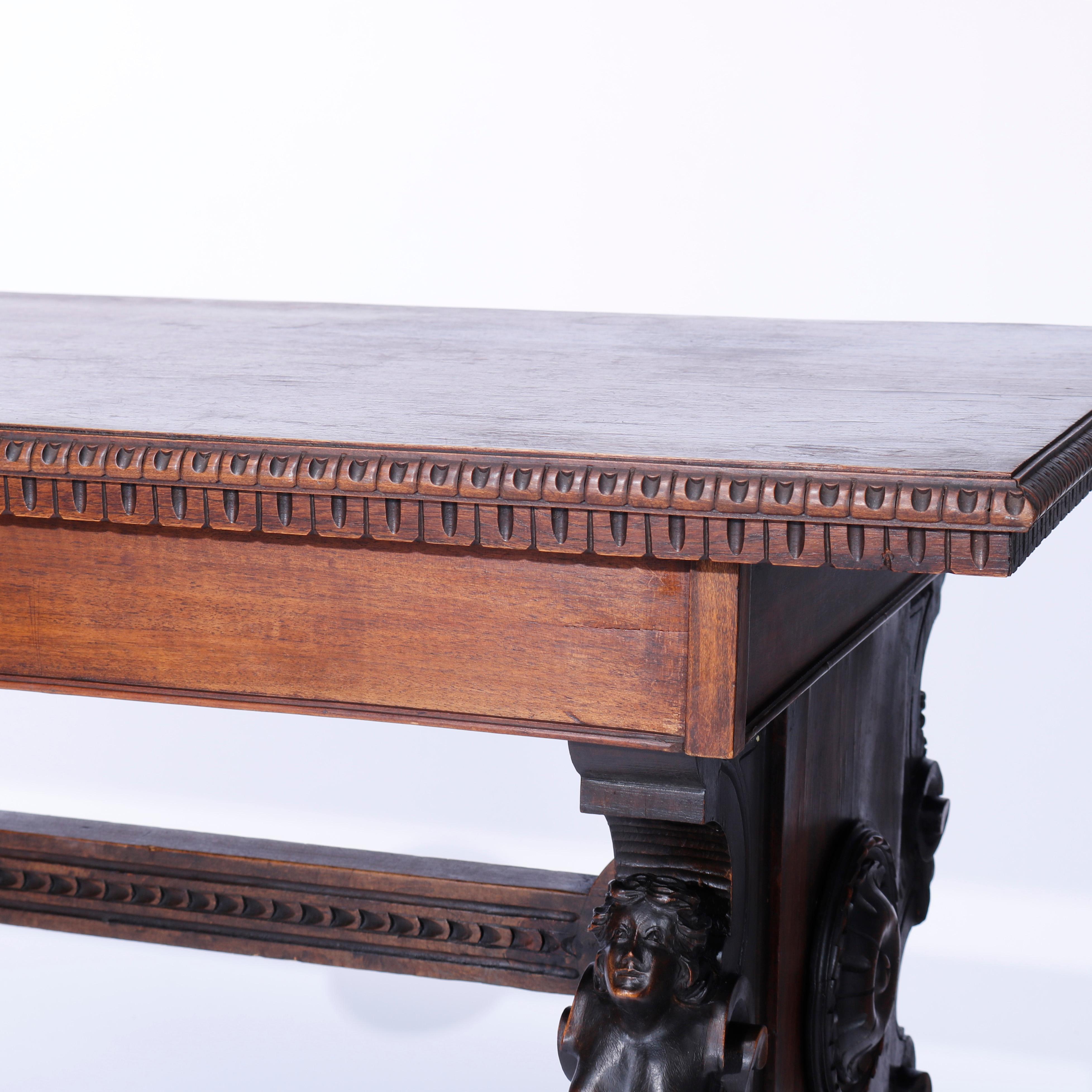 Antique Figural Carved Walnut Claw Foot Trestle Library Table, circa 1900 2
