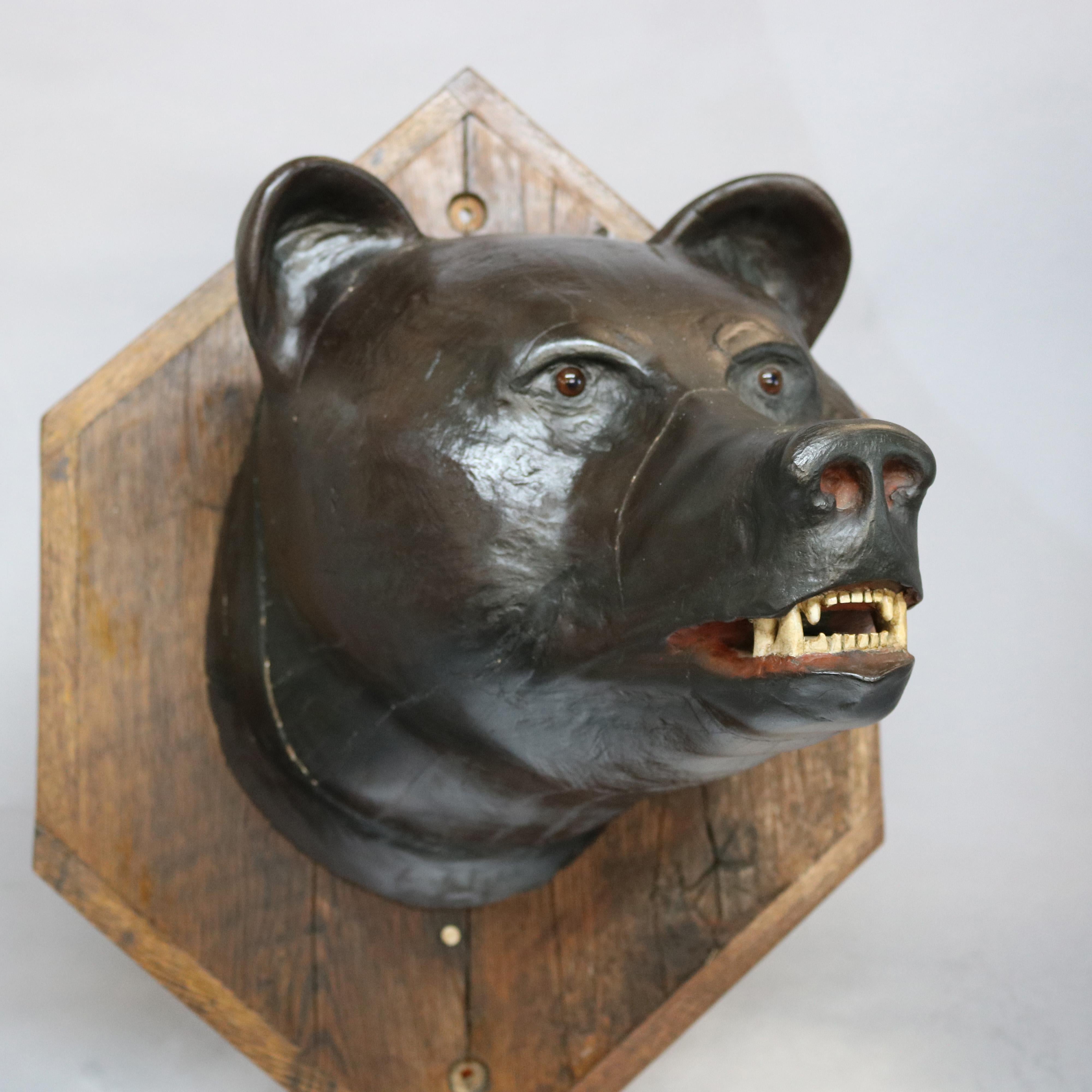 North American Antique Figural Carved Wood & Composition Polychromed Bear Mount on Plaque c1900