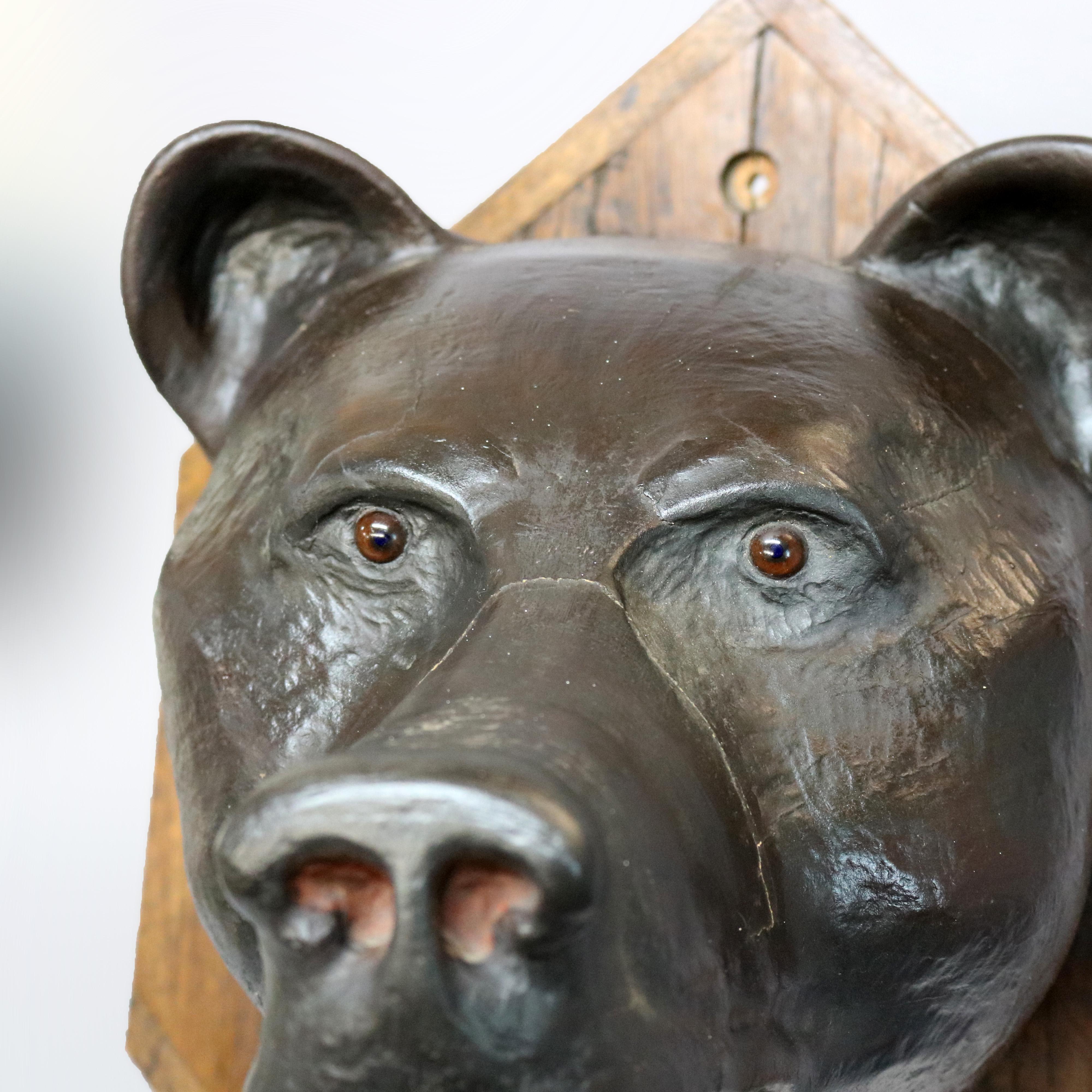 Antique Figural Carved Wood & Composition Polychromed Bear Mount on Plaque c1900 In Good Condition In Big Flats, NY