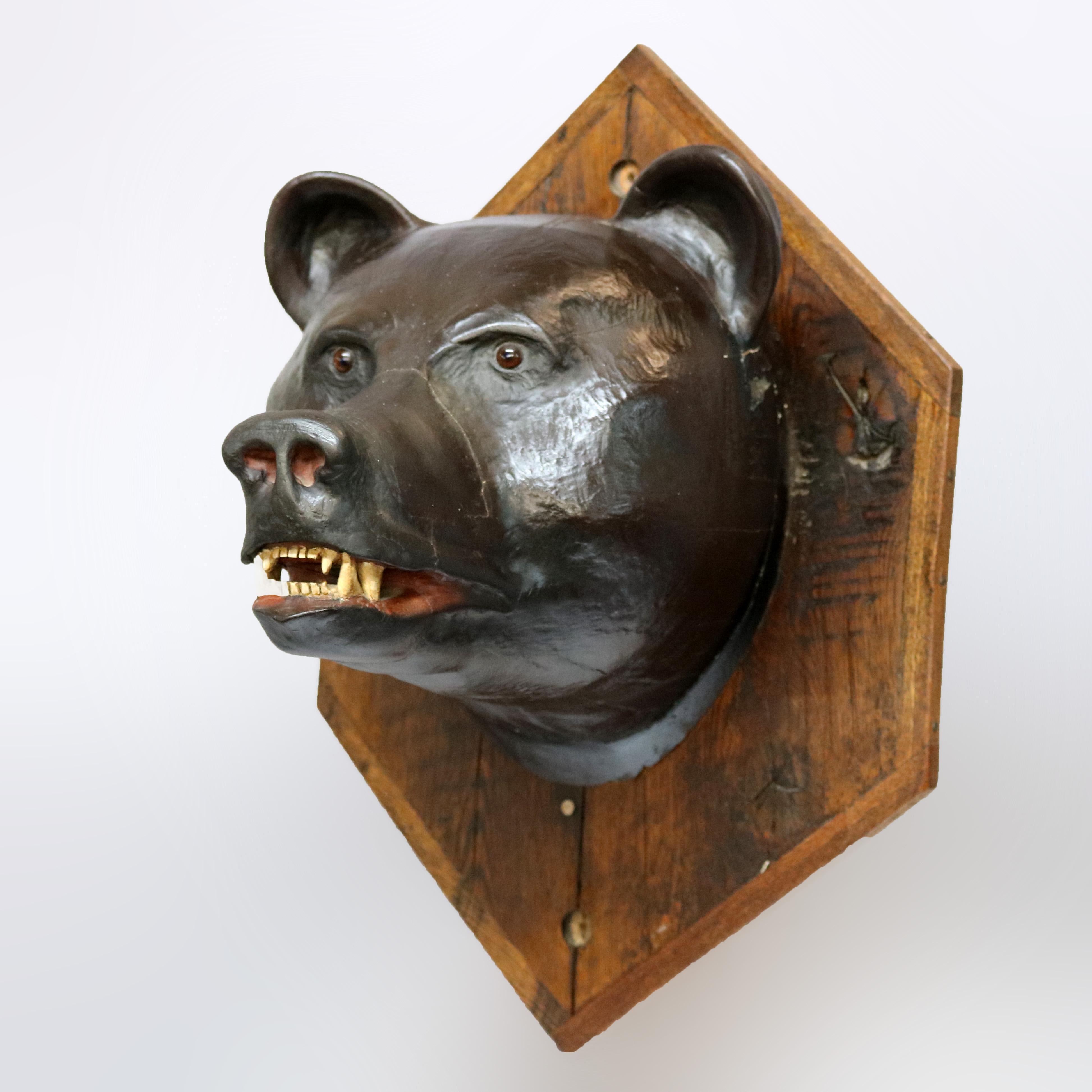 20th Century Antique Figural Carved Wood & Composition Polychromed Bear Mount on Plaque c1900