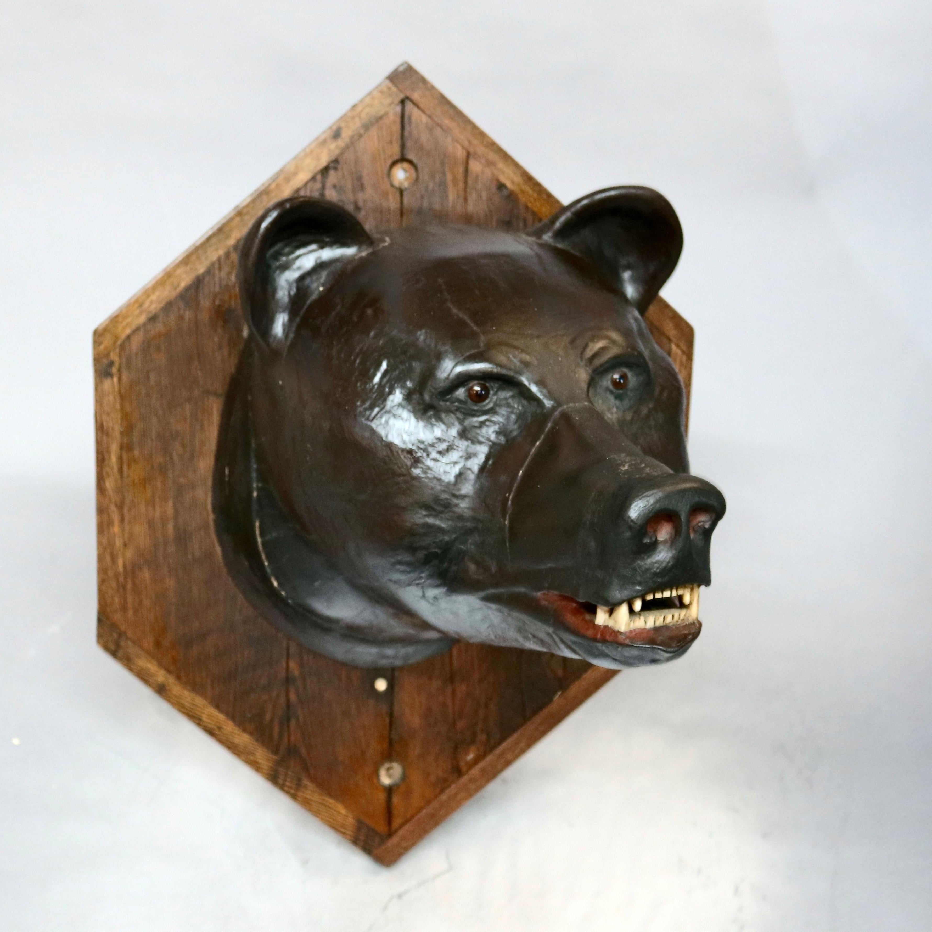 Antique Figural Carved Wood & Composition Polychromed Bear Mount on Plaque c1900 1