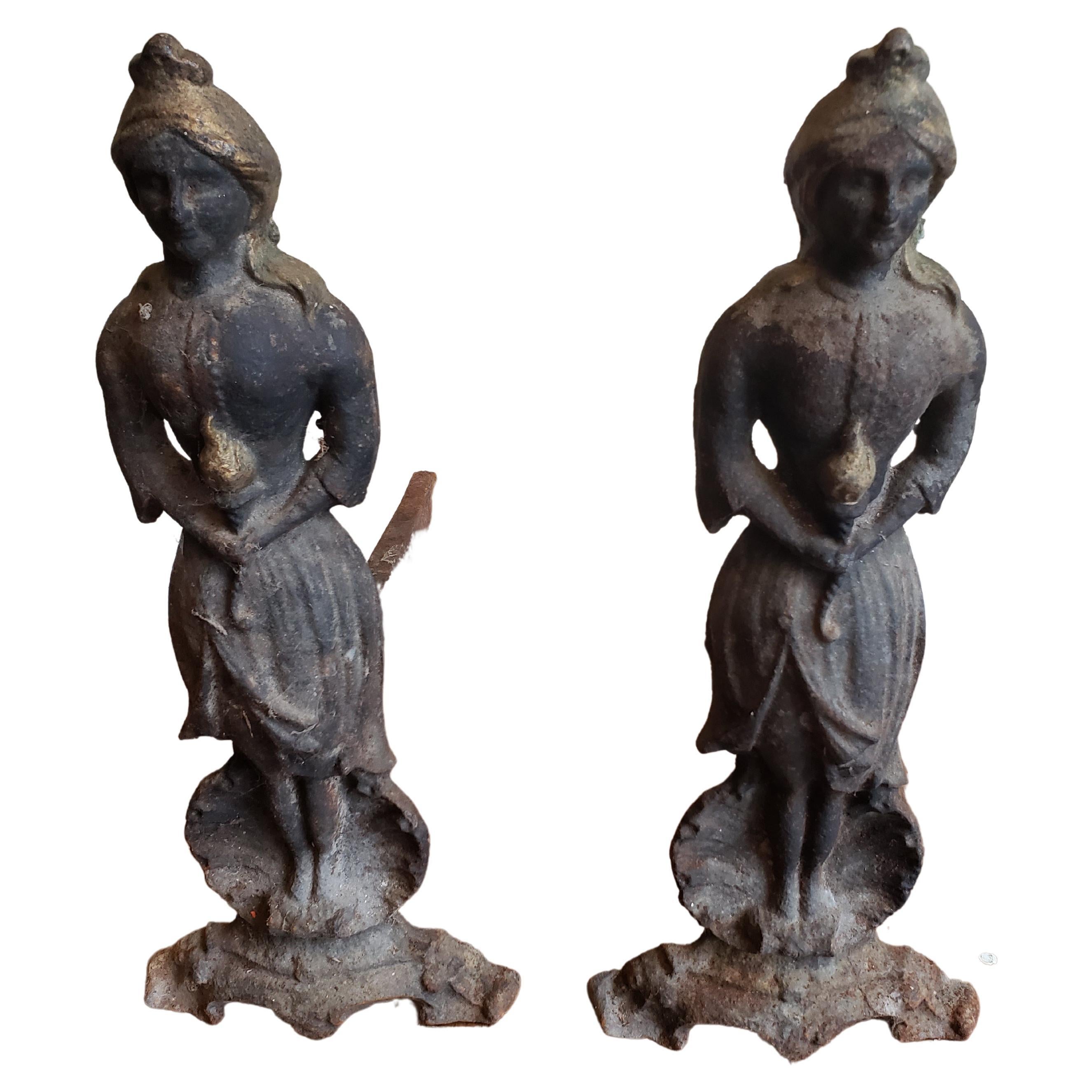 Pair of antique figural cast and wrought iron fireplace Andersons, Circa 1860s,
Measure 7.5