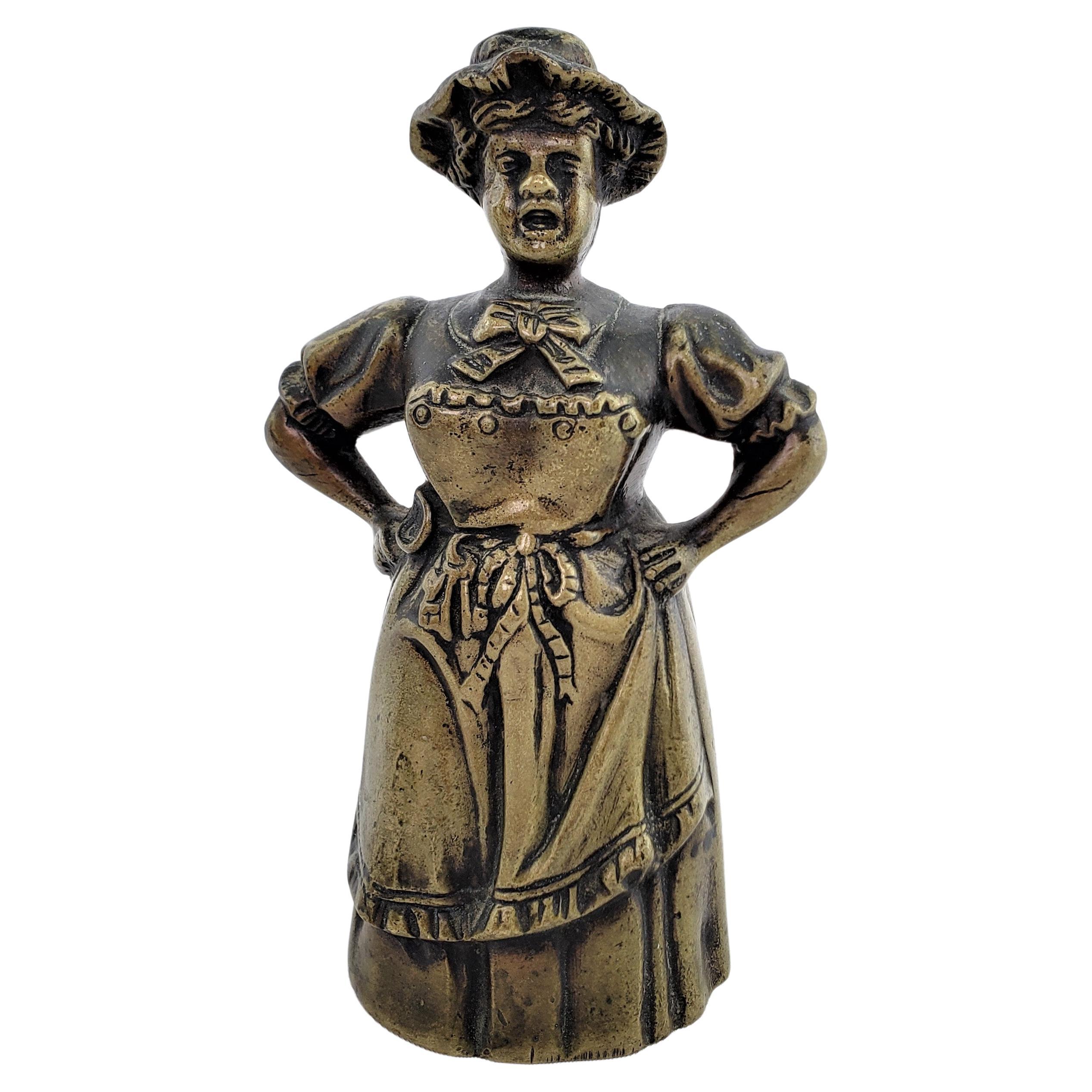 Antique Figural Cast Bronze Dinner Bell with Upset Woman & Shoed Leg Clapper For Sale 6