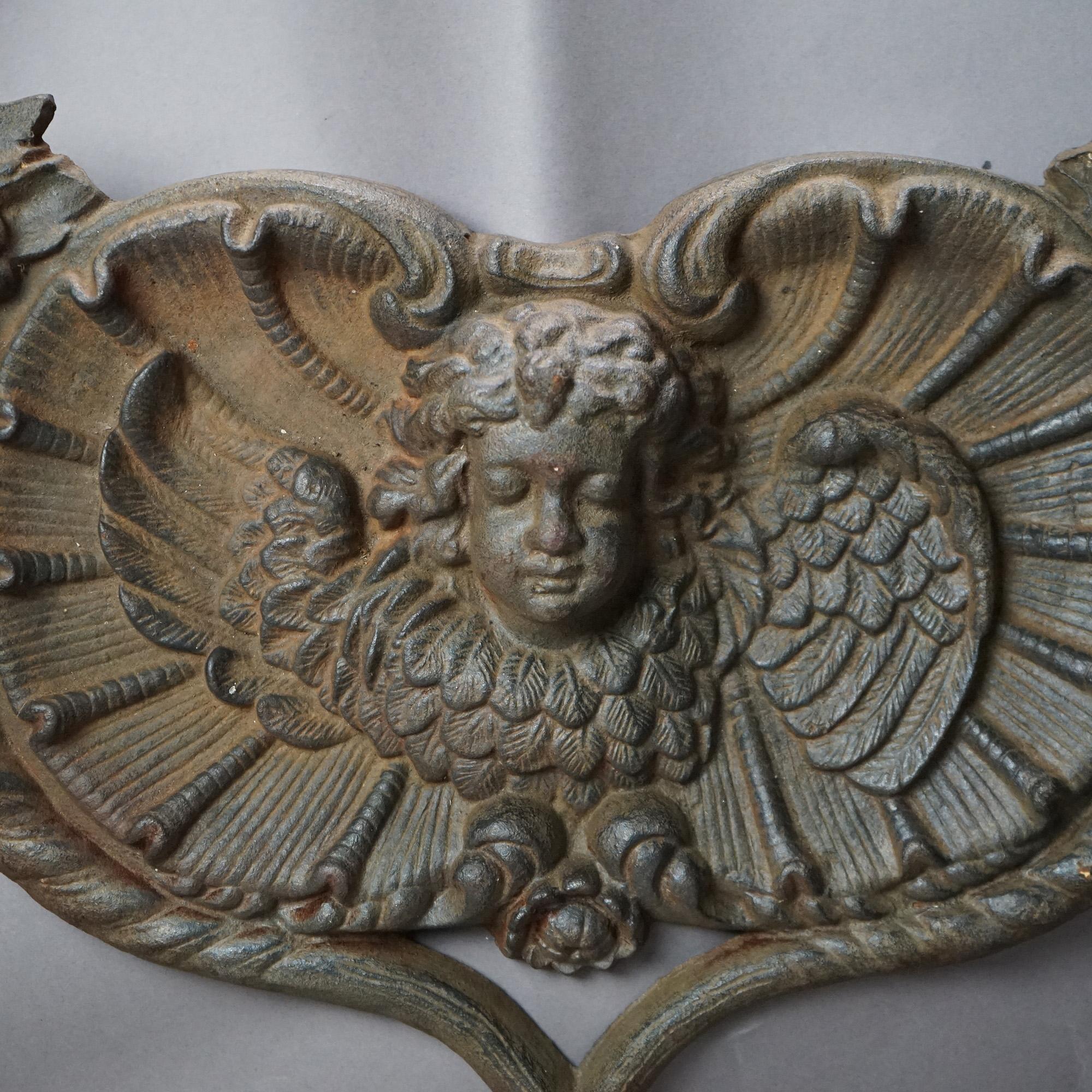 Figural Cast Iron Embossed Cherub Architectural Wall Plaque 20thC In Good Condition For Sale In Big Flats, NY