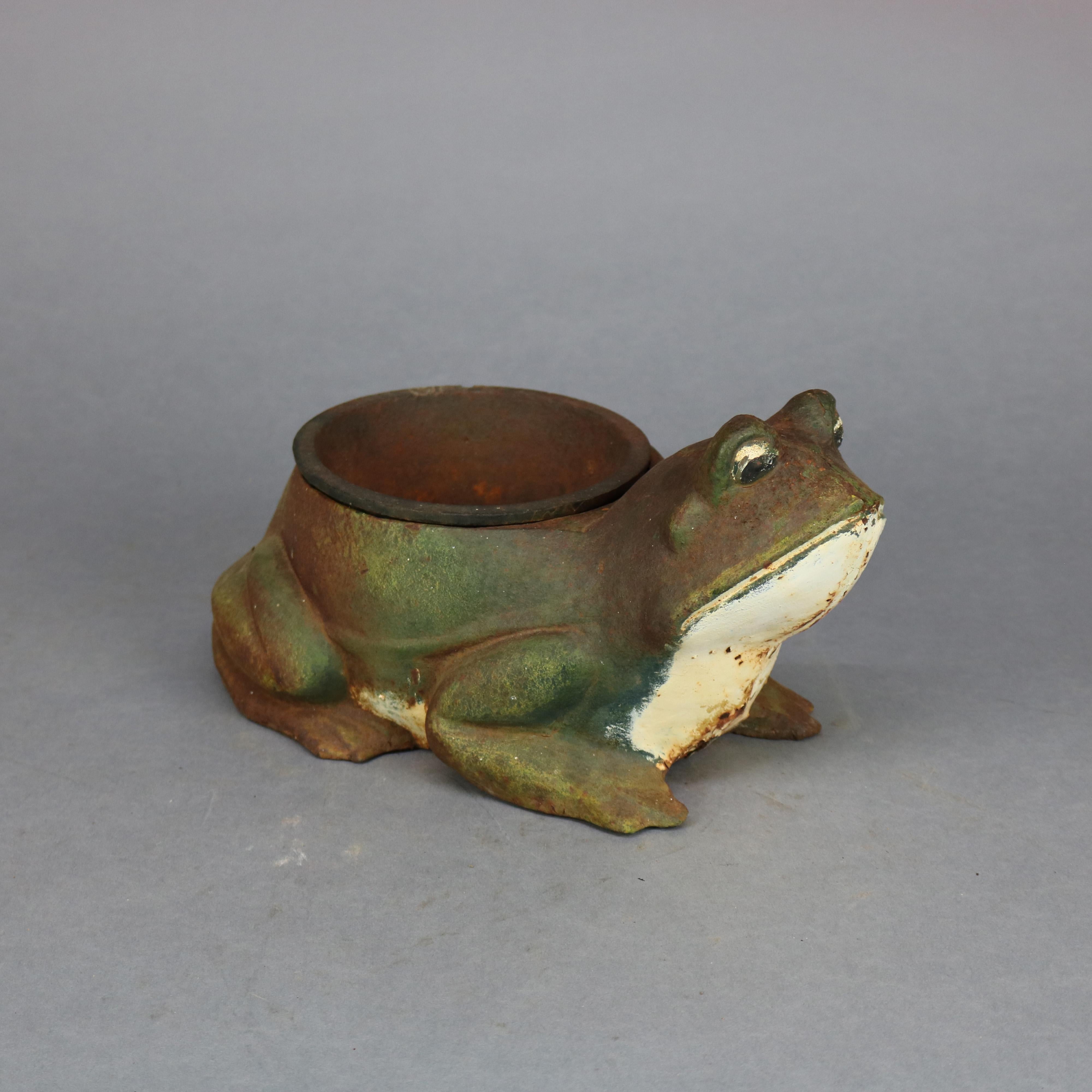 Antique Figural Cast Iron Polychrome Frog Garden or Patio Planter, 20th C In Good Condition In Big Flats, NY