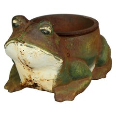 Antique Figural Cast Iron Polychrome Frog Garden or Patio Planter, 20th C