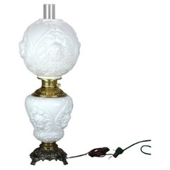 Antique Figural Cherub Blown Out Milk Glass Gone-with-the-Wind Table Lamp c1890
