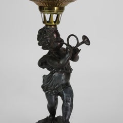 Antique Figural Cherub & Horn Brass & Metal Gone With The Wind Oil Lamp c1890